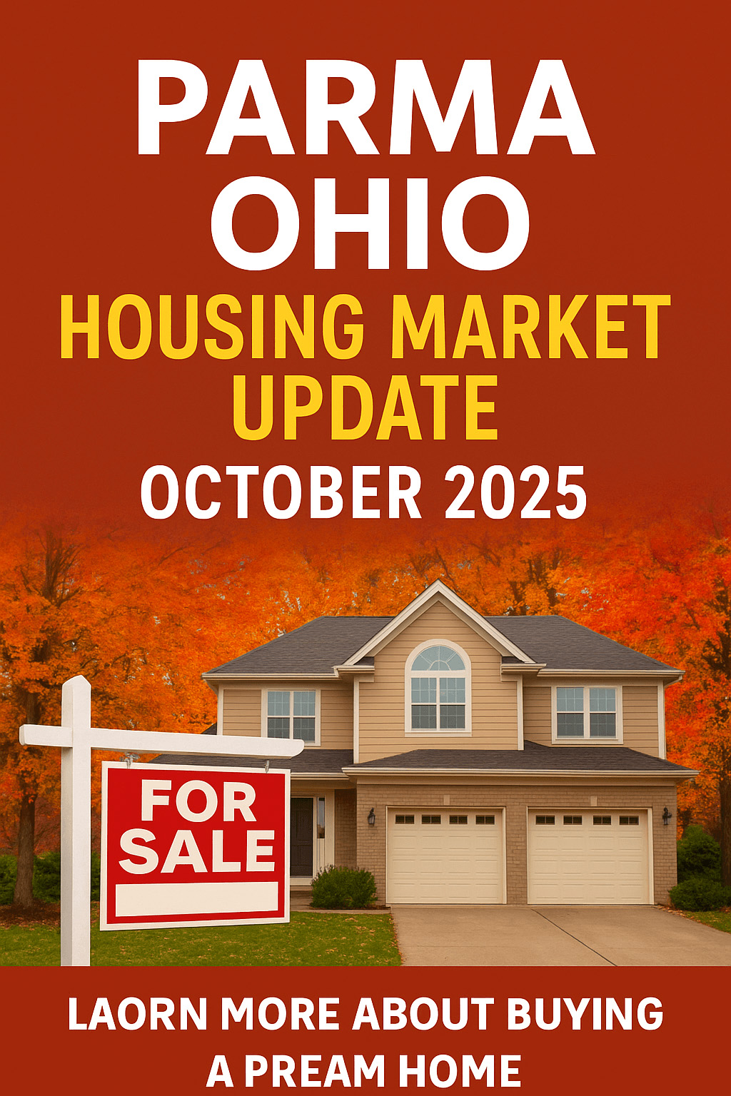 Promotional digital graphic showcasing the Parma, Ohio housing market update for October 2025, featuring a suburban home with a “For Sale” sign and vibrant fall foliage, designed to attract homebuyers.