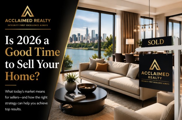 Modern luxury living room with floor-to-ceiling windows overlooking a city skyline and waterfront, featuring a sold sign and Acclaimed Realty branding, representing the 2026 home selling market.