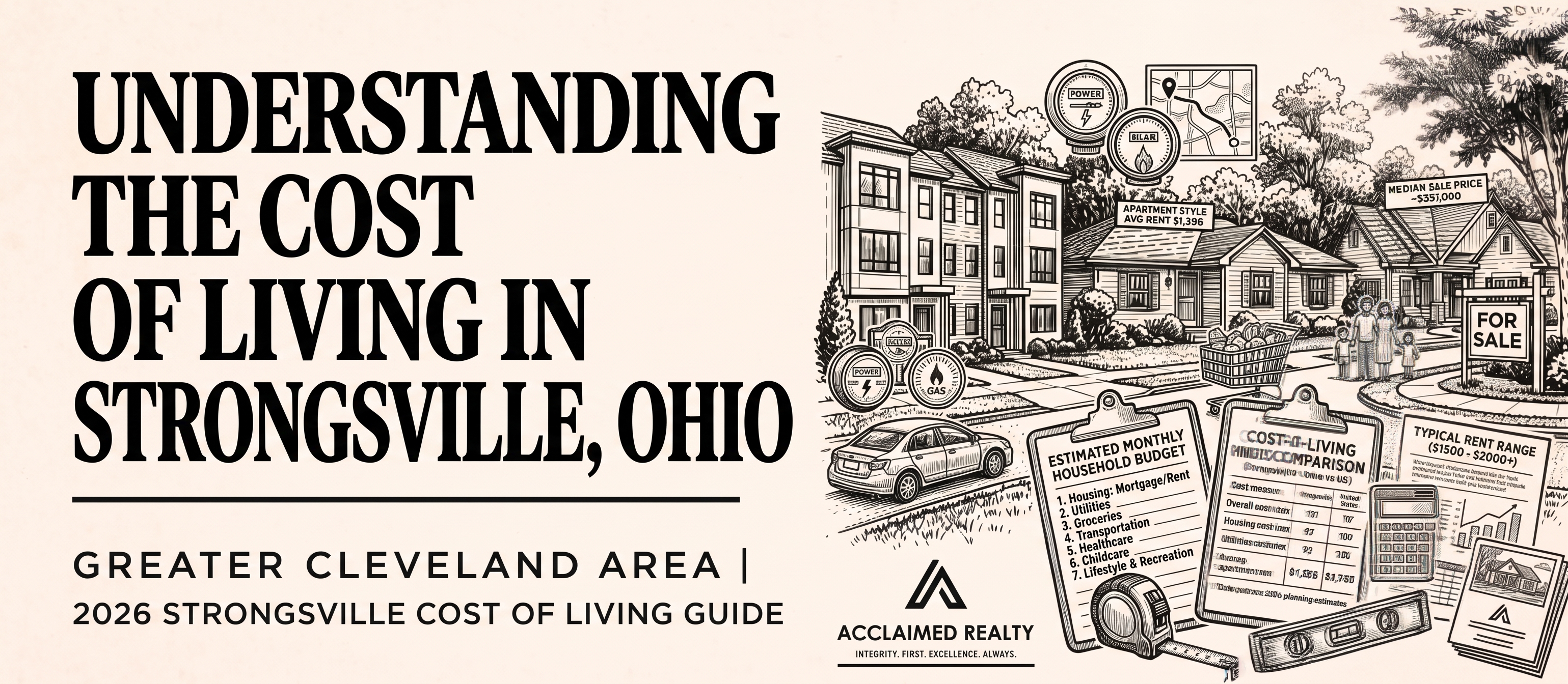 Infographic breakdown of the 2026 Cost of Living in Strongsville, Ohio, highlighting housing prices, monthly utilities, average commute times, and contact information for Acclaimed Realty.