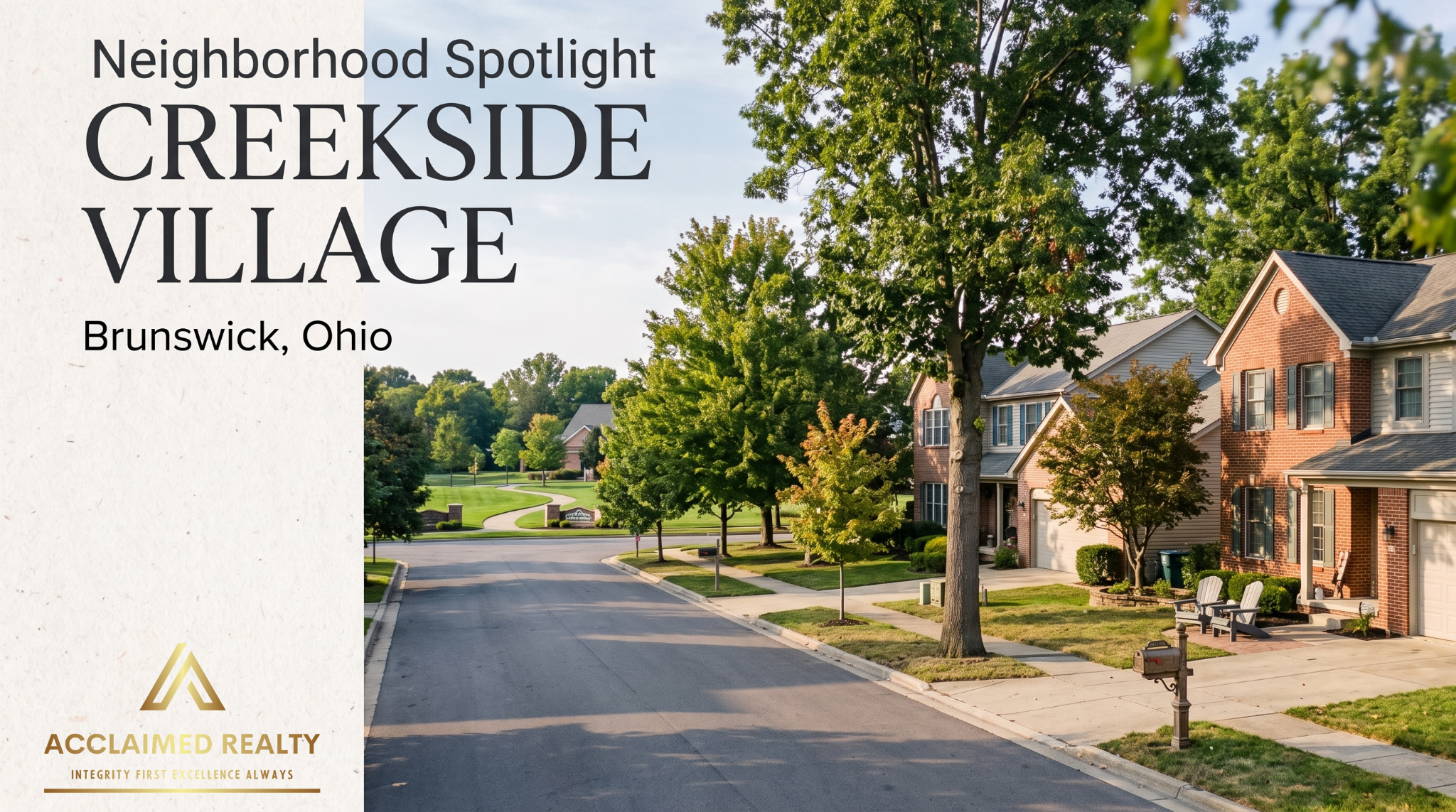 Creekside Village neighborhood in Brunswick Ohio with established homes, landscaped streets, and community entrance