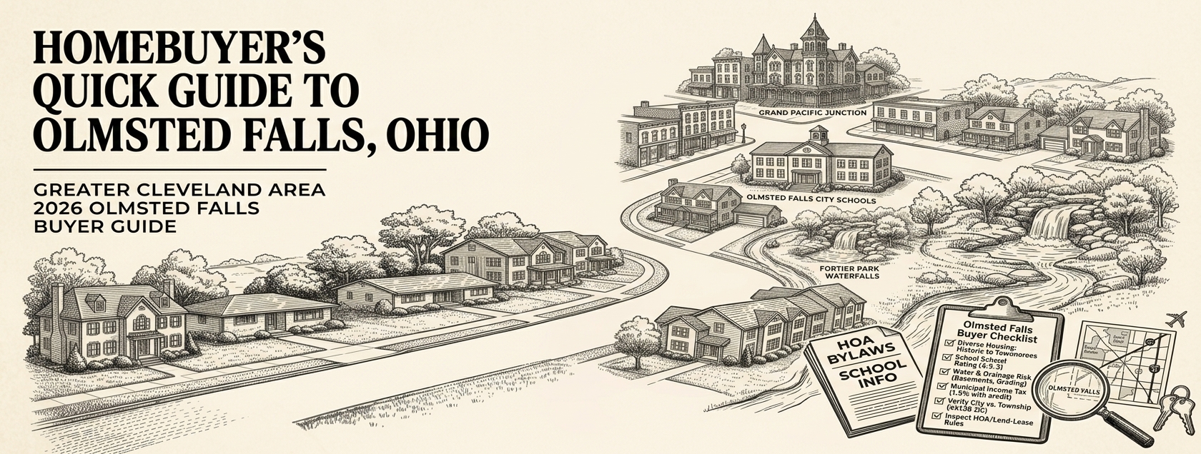 2026 Olmsted Falls Ohio real estate and relocation guide infographic detailing housing prices, school ratings, and local market tips from Acclaimed Realty.   