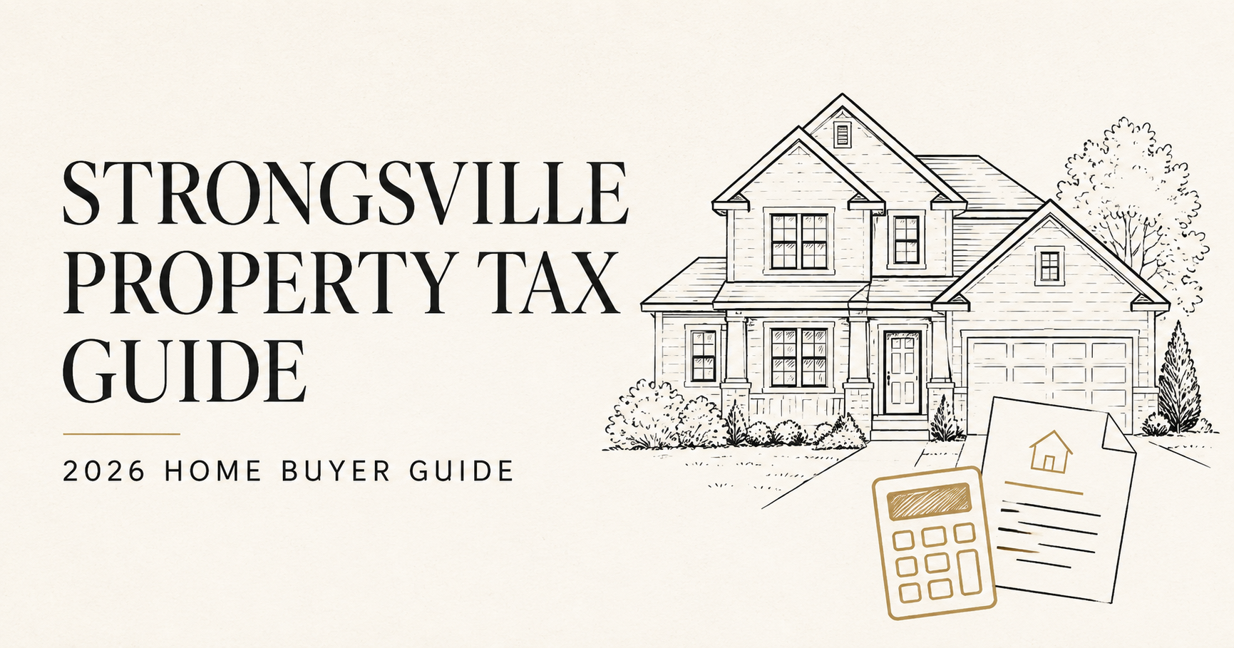 Black-and-gold illustration of a Strongsville home with a calculator and tax document for the 2026 Property Tax Guide.