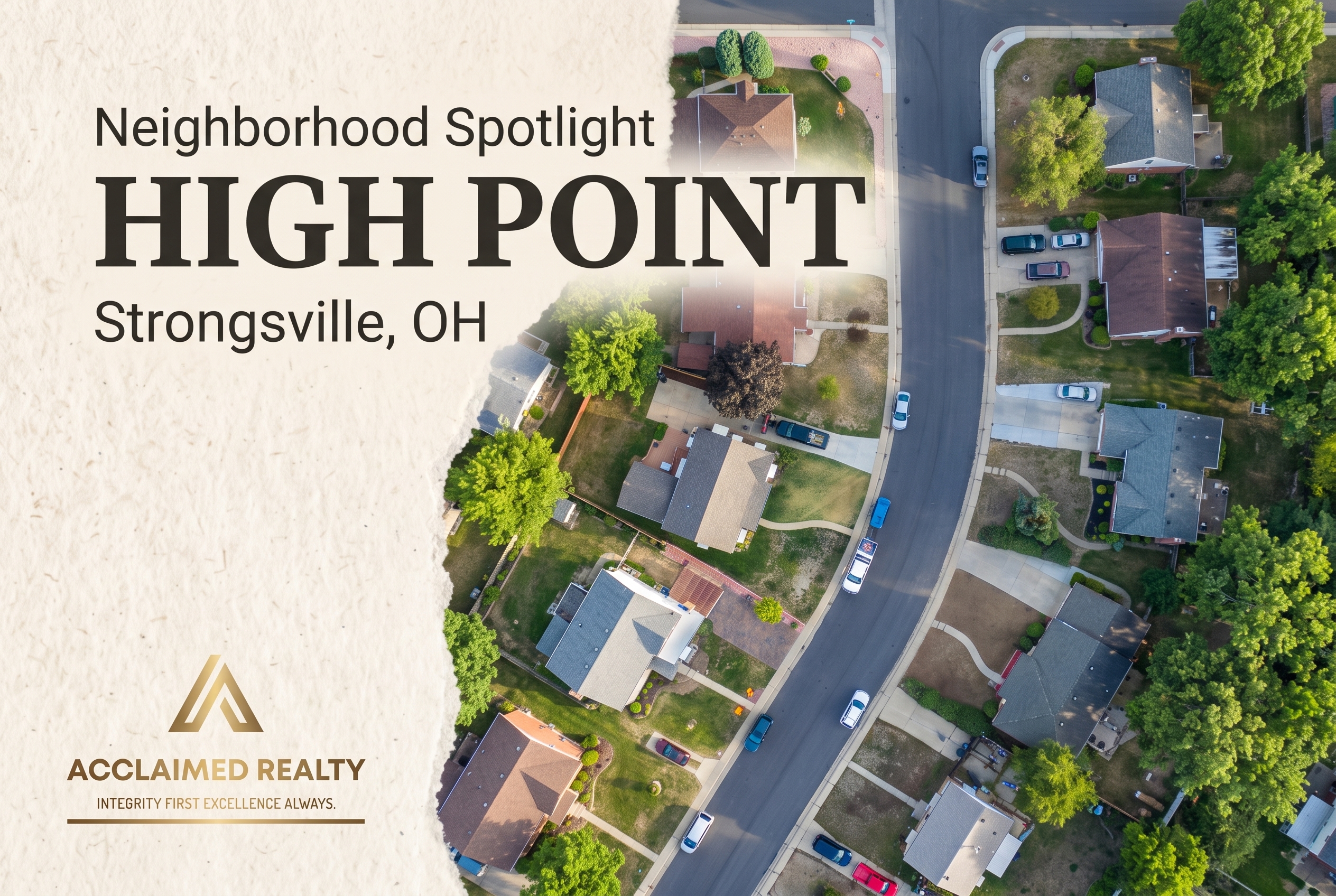 Aerial view of the High Point residential neighborhood in Strongsville, Ohio, featuring established homes, tree-lined yards, and a quiet residential street, presented by Acclaimed Realty.