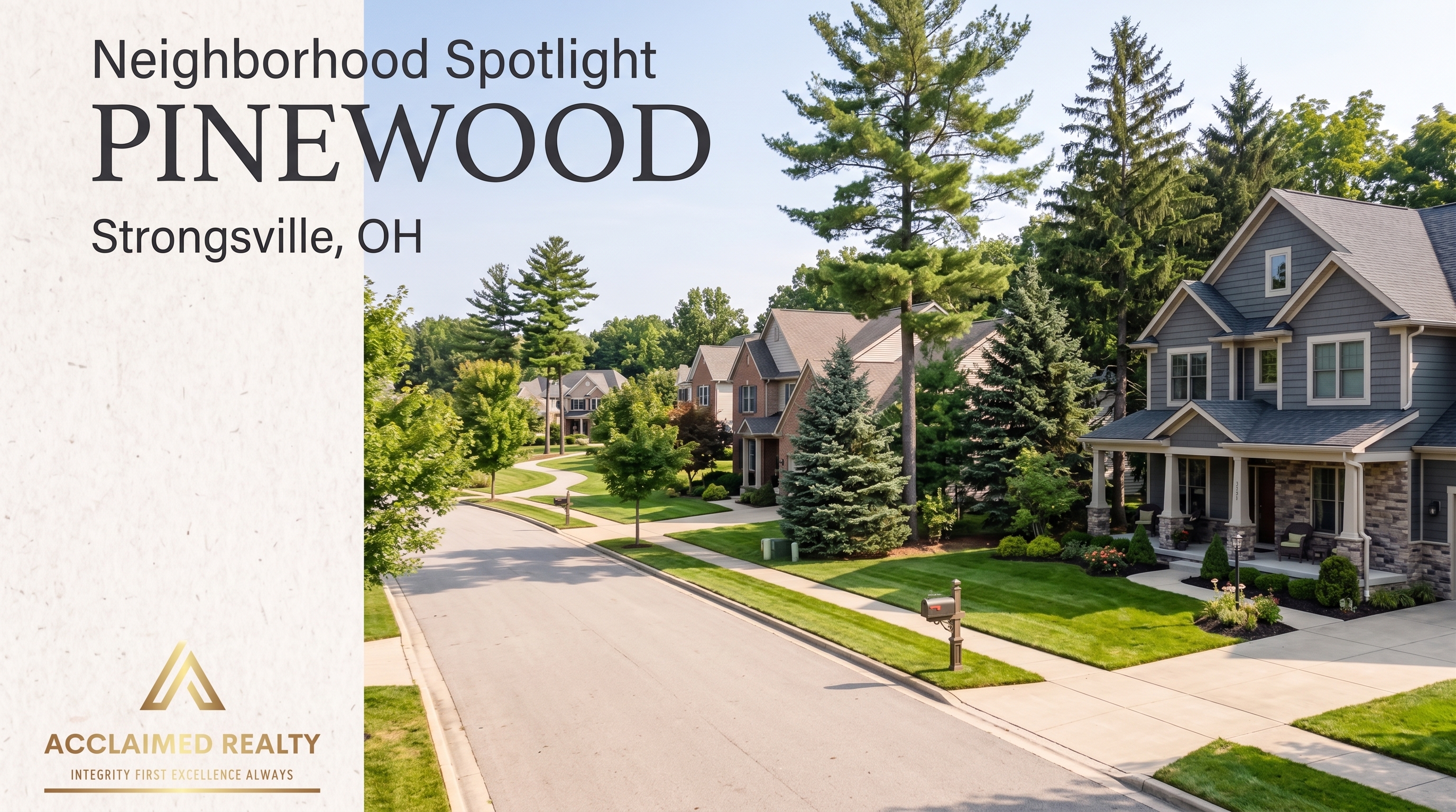 Informational flyer for the Pinewood neighborhood in Strongsville, Ohio, highlighting local amenities, recreation, and established homes, presented by Nick Reyes of Acclaimed Realty.