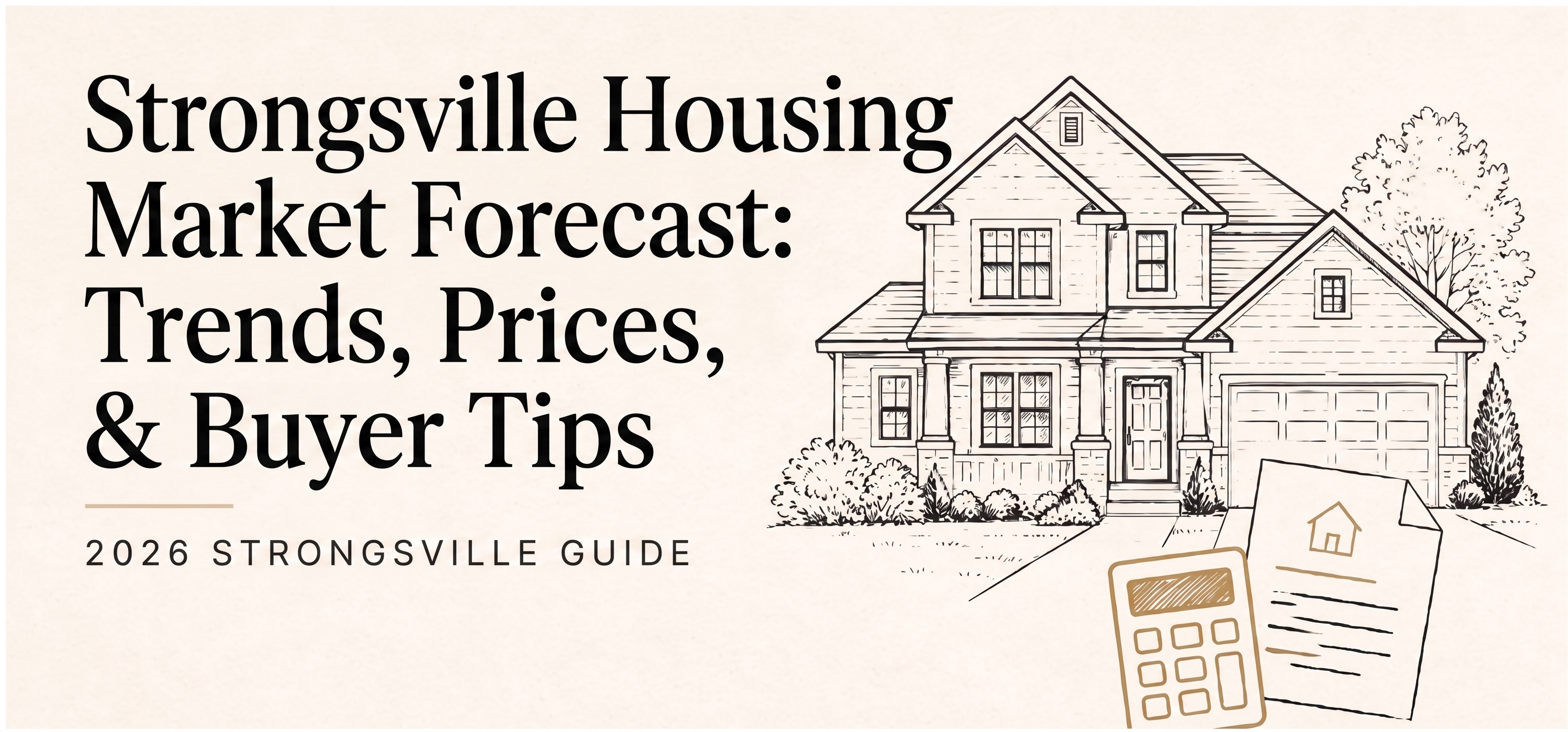 A graphic banner with a sketch of a suburban home, a calculator, real estate documents, bold text reading 