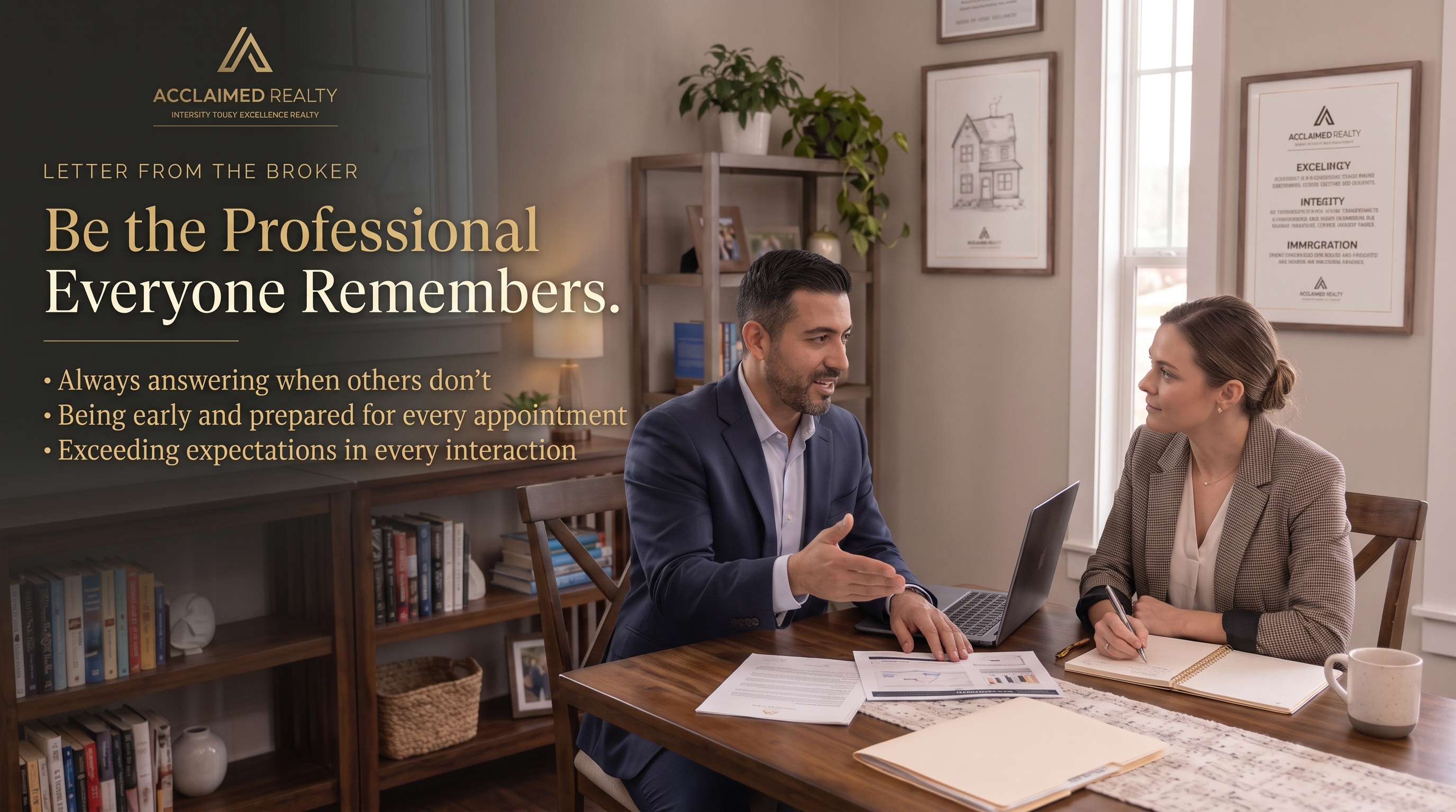 Acclaimed Realty's Letter From the Broker by Nick Reyes highlighting professionalism, integrity, communication, and client satisfaction in real estate transactions.
