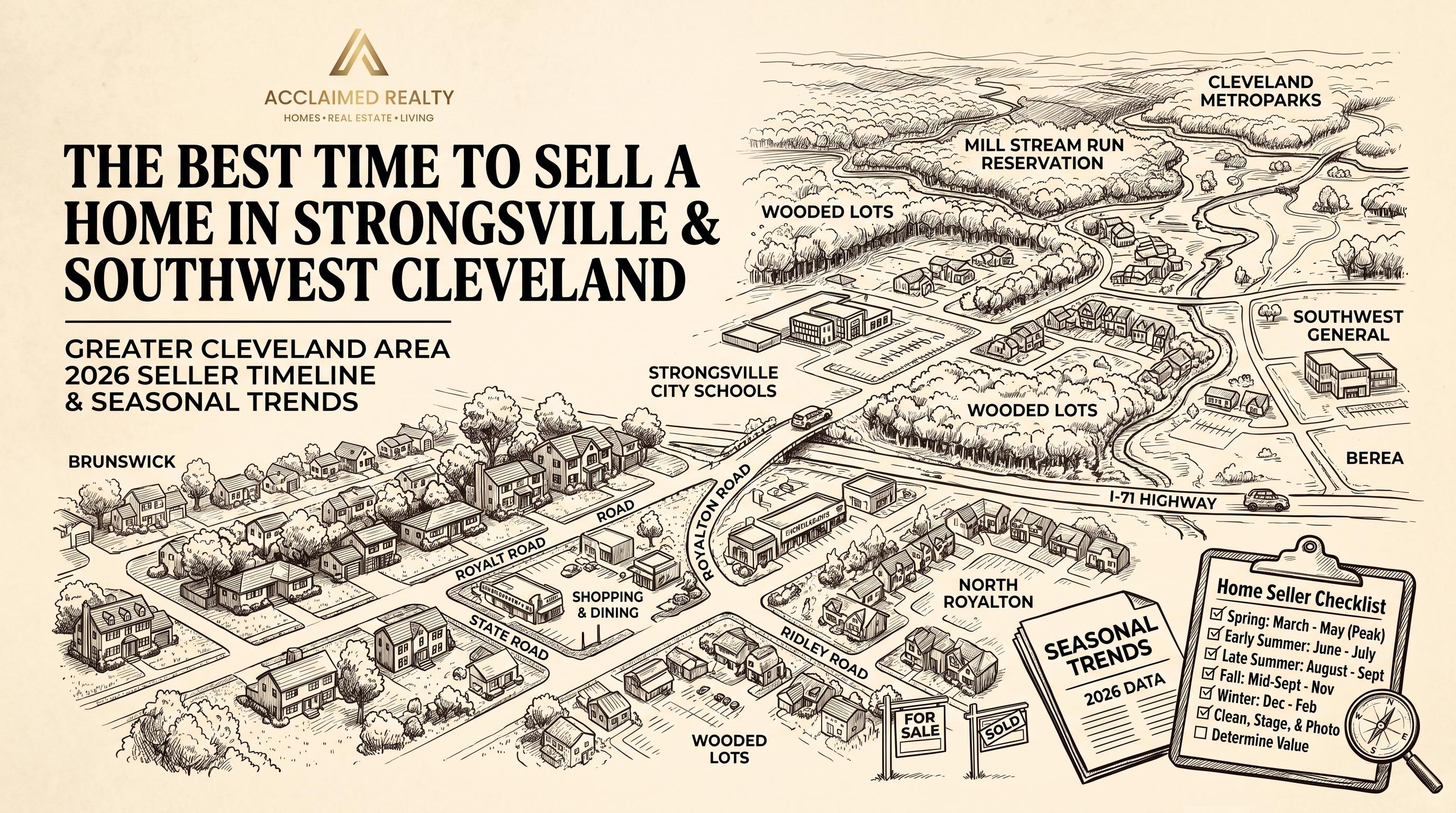 Acclaimed Realty guide to the best time to sell a home in Strongsville and Southwest Cleveland, Ohio, in 2026, featuring seasonal real estate trends and home-selling tips.