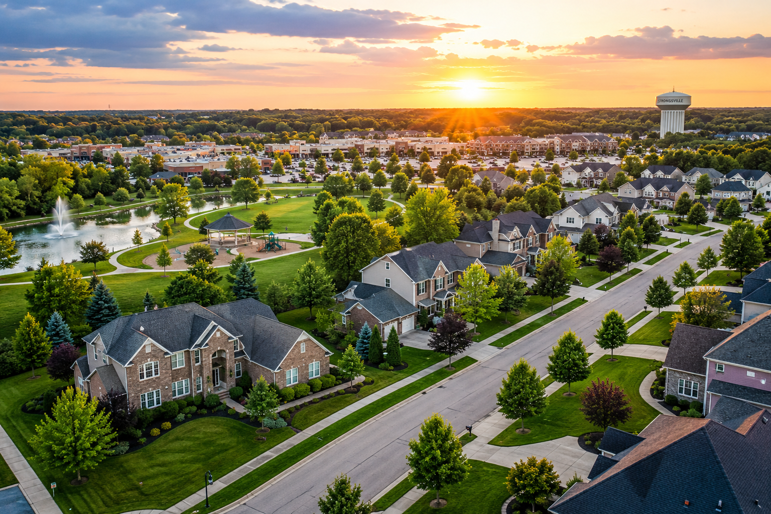 Aerial view of beautiful neighborhoods in Strongsville, Ohio showcasing family-friendly communities, well-maintained homes, parks, and suburban living.