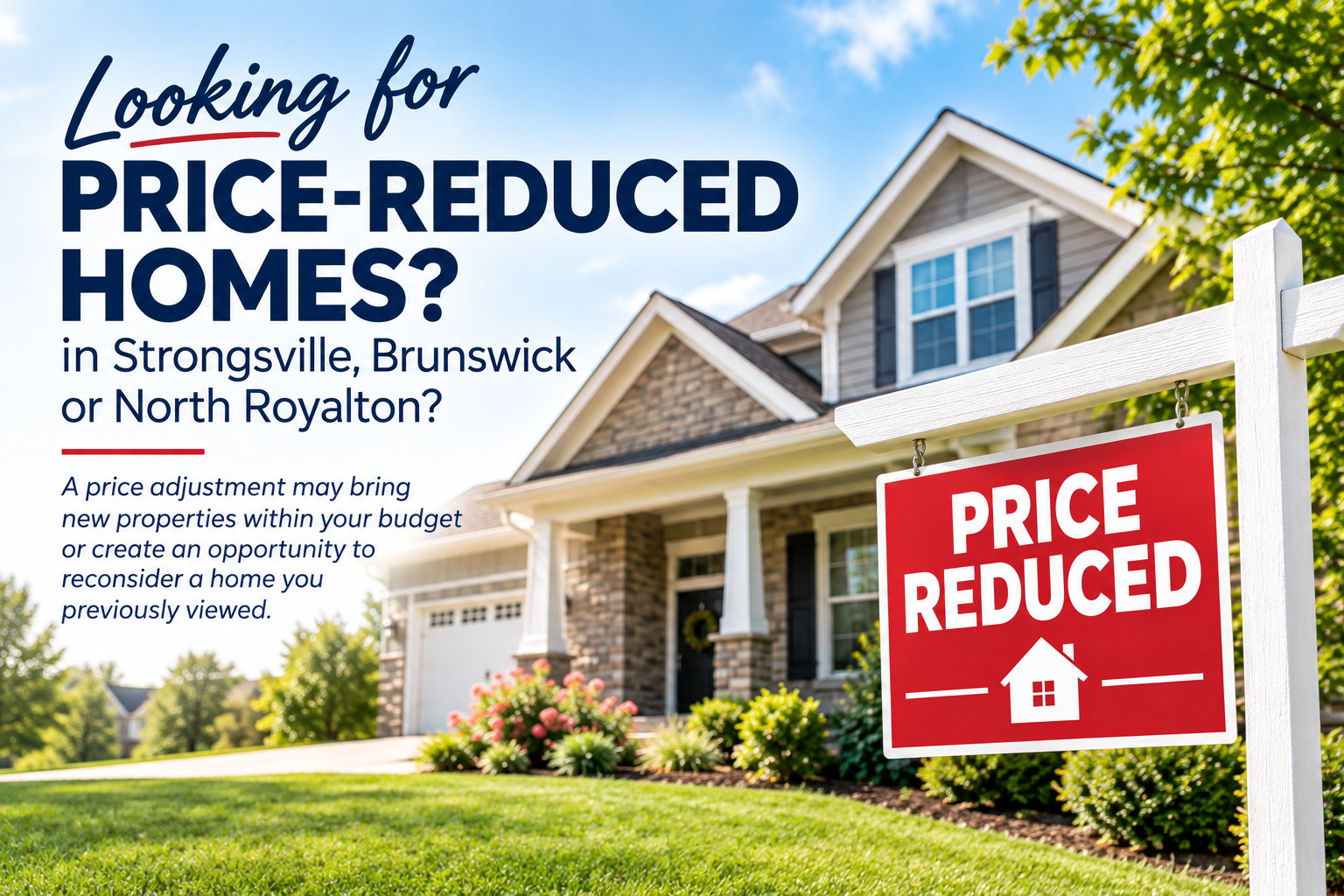 Price reductions on homes for sale in Strongsville, Brunswick, and North Royalton, Ohio, featuring updated listing prices and a QR code to Acclaimed Realty.