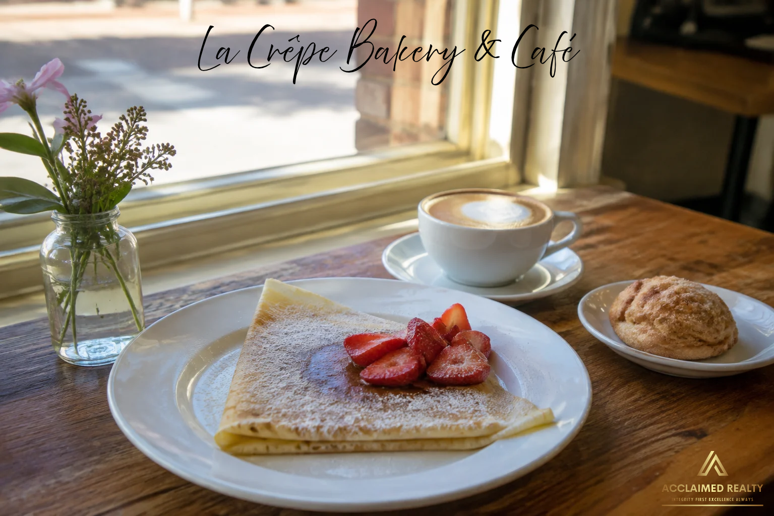 Fresh strawberry crêpe, cappuccino, and pastry on a rustic café table by a sunlit window, representing La Crêpe Bakery & Café in Strongsville, Ohio.
