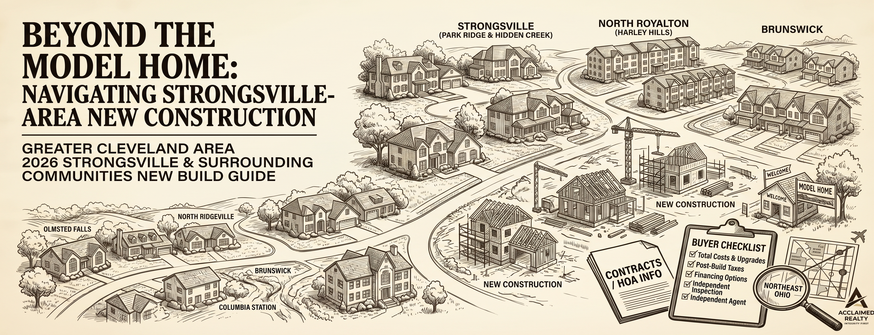 Infographic titled Beyond the Model Home outlining new construction communities, pricing tiers, and financial buyer advice for Strongsville, Ohio and surrounding area.   