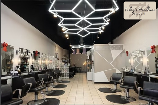 Acclaimed Realty business feature flyer highlighting Today’s Headlines Salon in Strongsville, Ohio, with its history, beauty services, contact information, and a porch background.