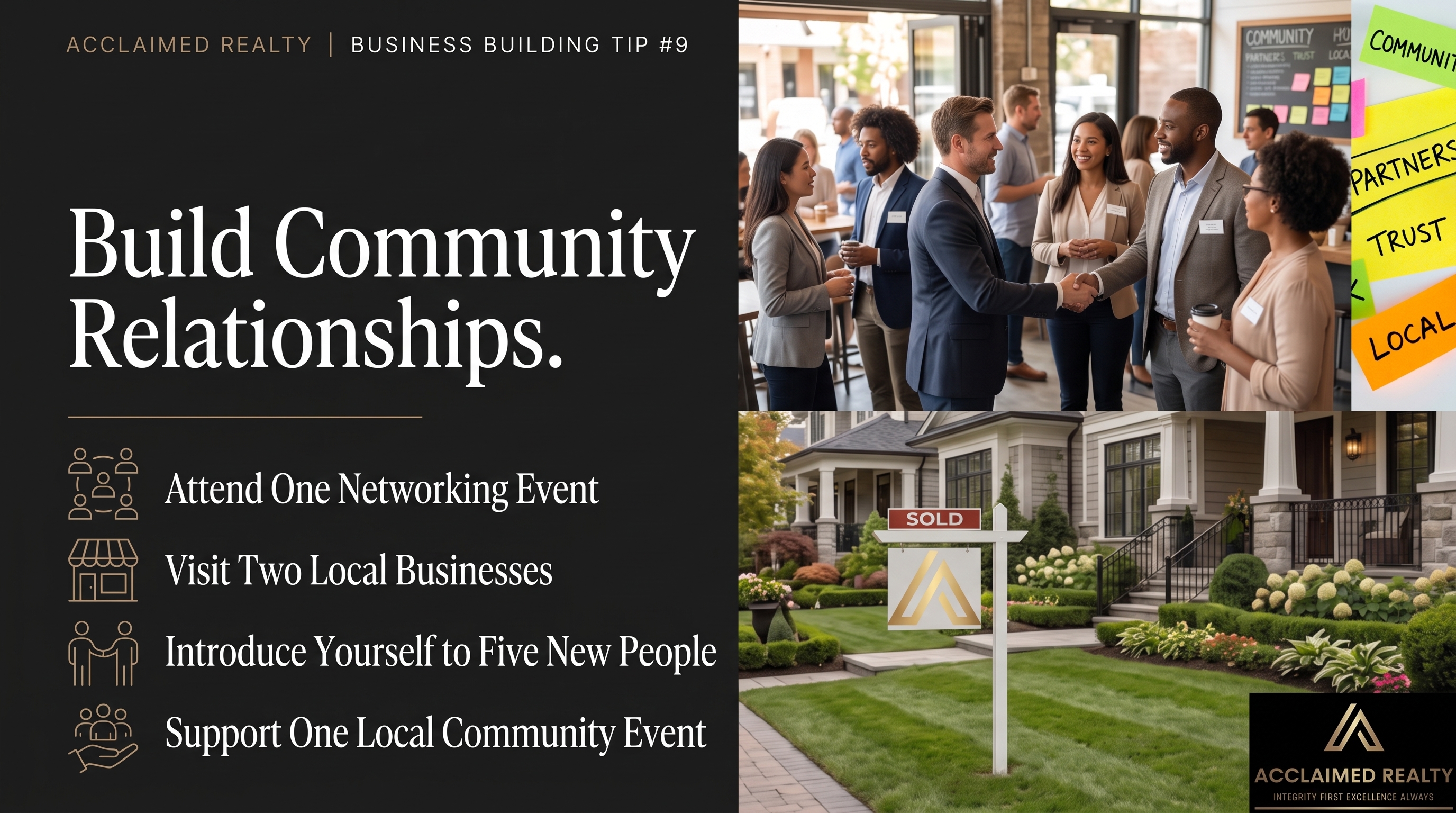 Acclaimed Realty Weekly Business Building Tip #9 infographic encouraging professionals to build community relationships through networking events, visiting local businesses, meeting new people, and supporting community events.