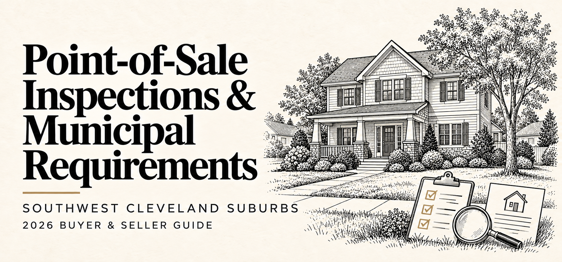 For an article cover graphic: “Guide to point-of-sale inspections and municipal requirements for home sales in Southwest Cleveland suburbs.”