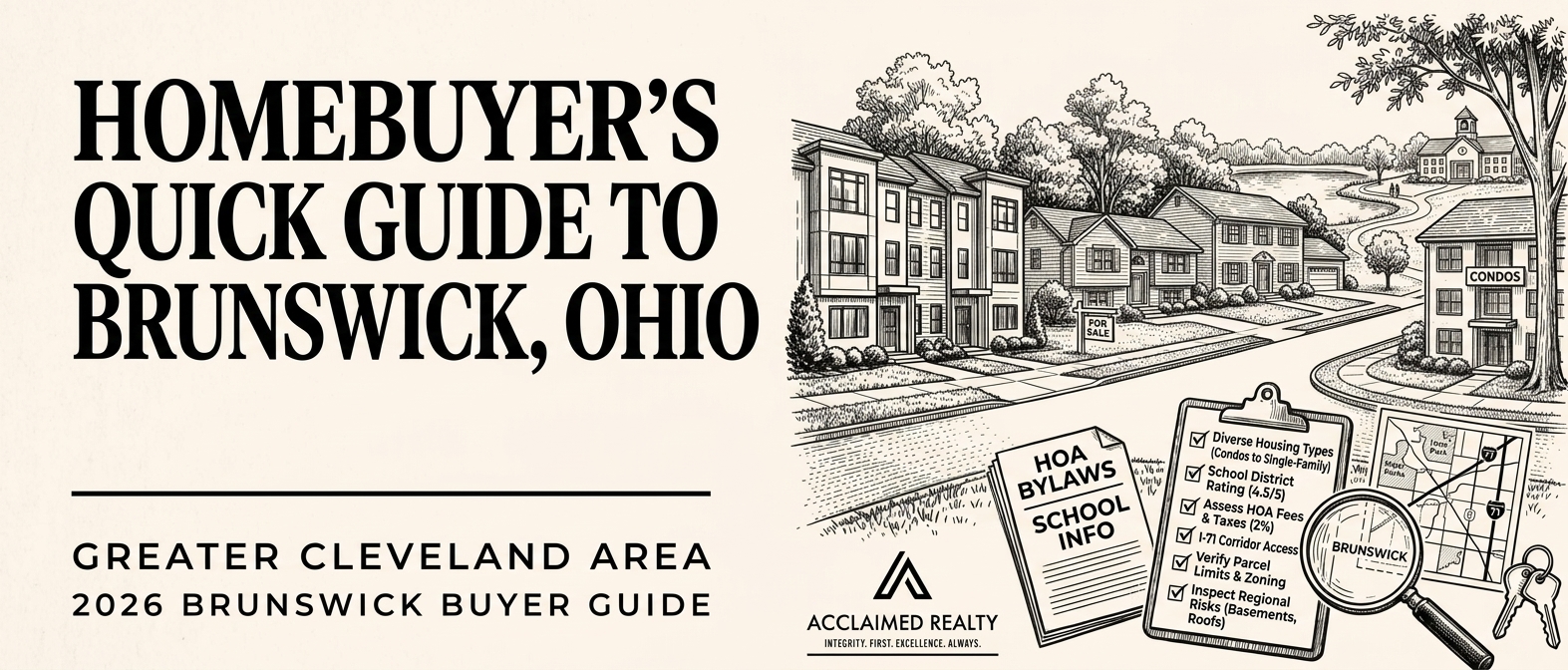 Infographic titled Brunswick Ohio The 2026 Homebuyers Quick Guide detailing median home prices around $325K, top neighborhood price ranges, local school ratings, and buying tips by Acclaimed Realty.