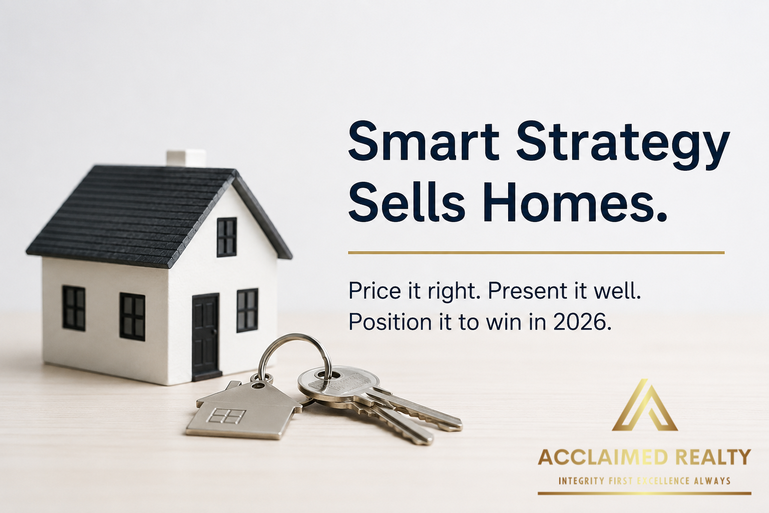 Minimalist real estate marketing graphic featuring a small white model house and silver house keys on a light background beside bold text reading “Smart Strategy Sells Homes” with the subtitle “Price it right. Present it well. Position it to win in 2026.