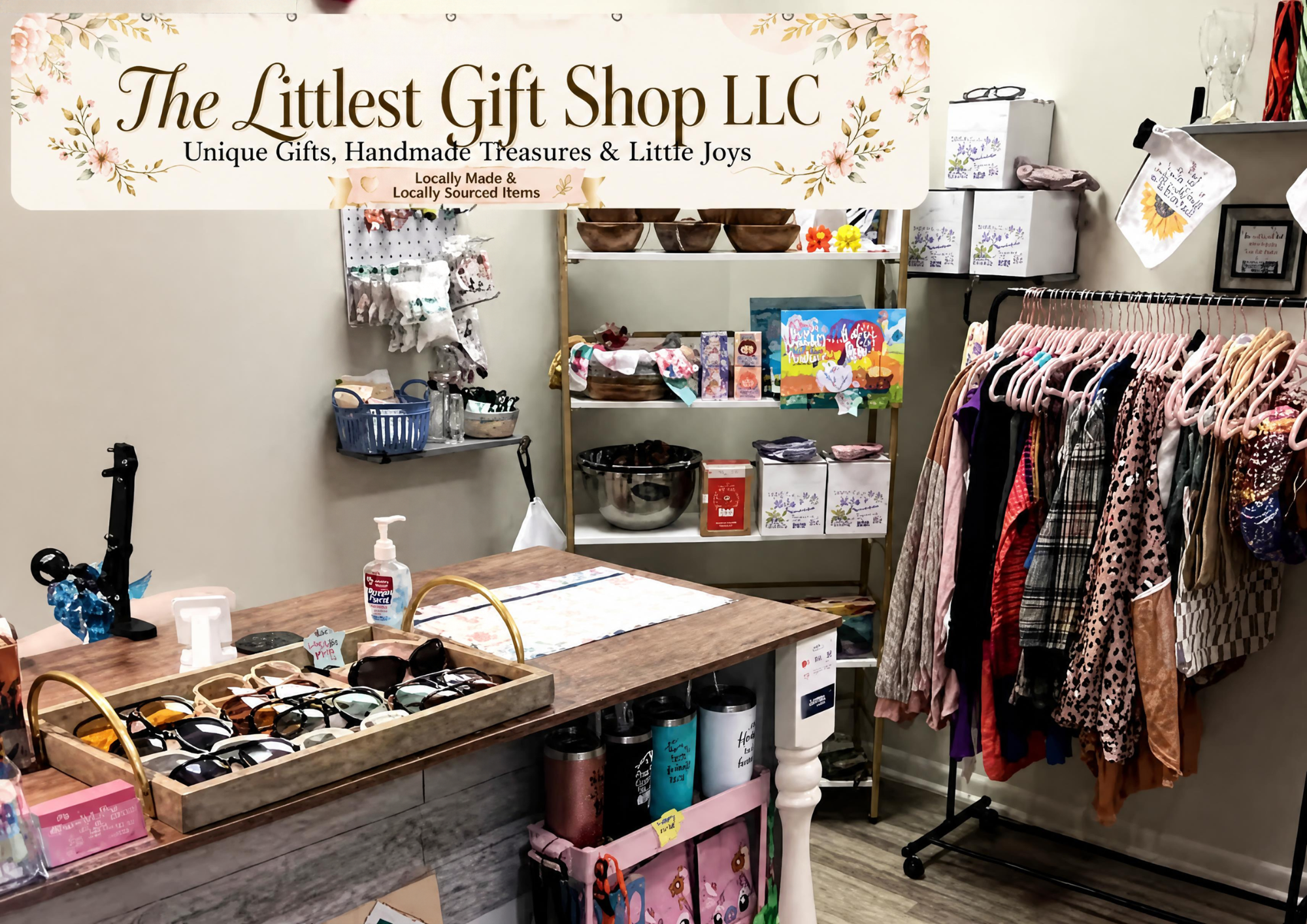 Spotlight flyer for The Littlest Gift Shop in North Canton, OH, highlighting shop history, curated gift lines, event services, and contact details.   