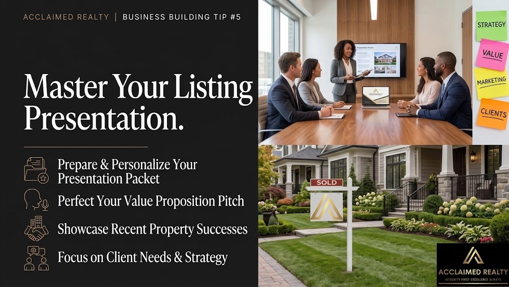 Acclaimed Realty infographic titled Weekly Business Building Tips Tip 5 Perfect Your Listing Presentation listing goals and four action steps.   