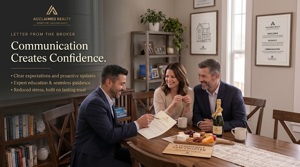 Letter From the Broker by Nick Reyes of Acclaimed Realty explaining how clear communication builds client confidence in real estate transactions.