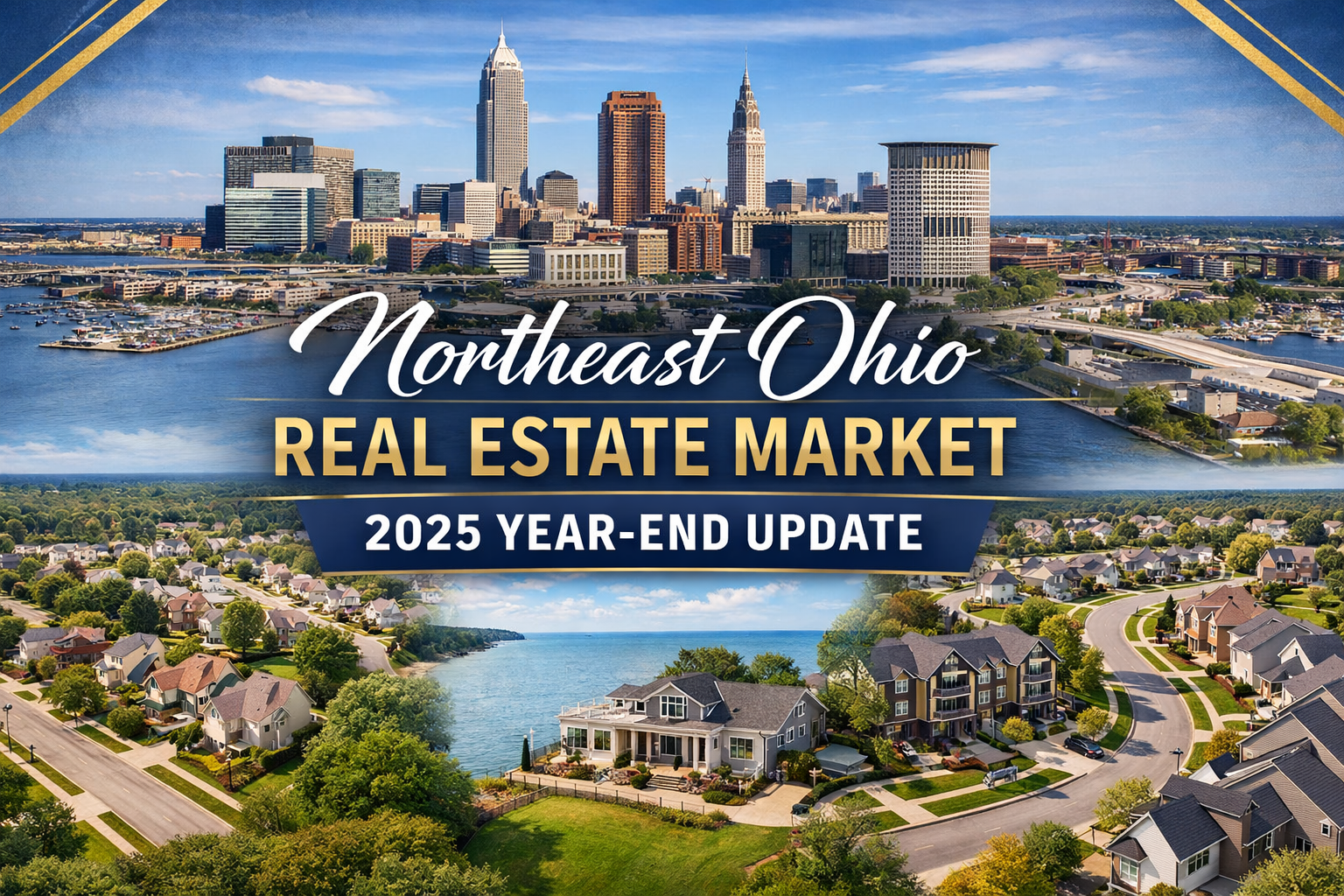 Northeast Ohio real estate market 2025 year-end update featuring Cleveland and suburban homes in Cuyahoga, Medina, Lorain, and Summit counties