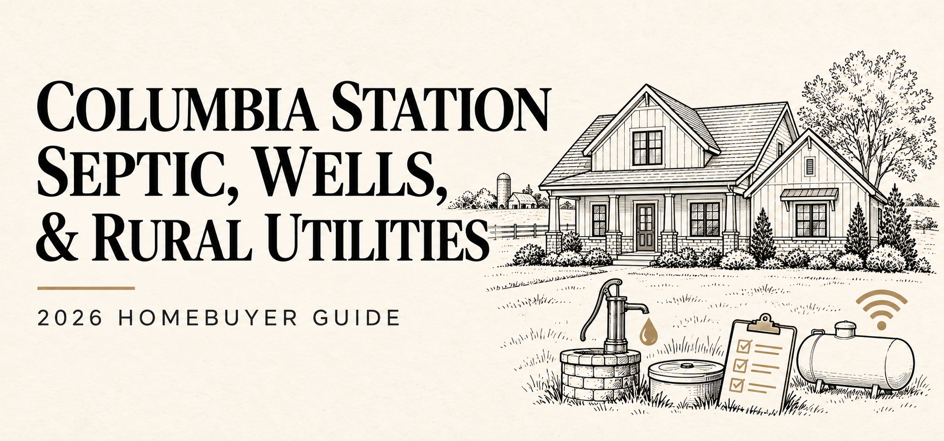 Illustrated Columbia Station rural home with a well pump, septic access, propane tank, Wi-Fi symbol, and 2026 homebuyer guide title.