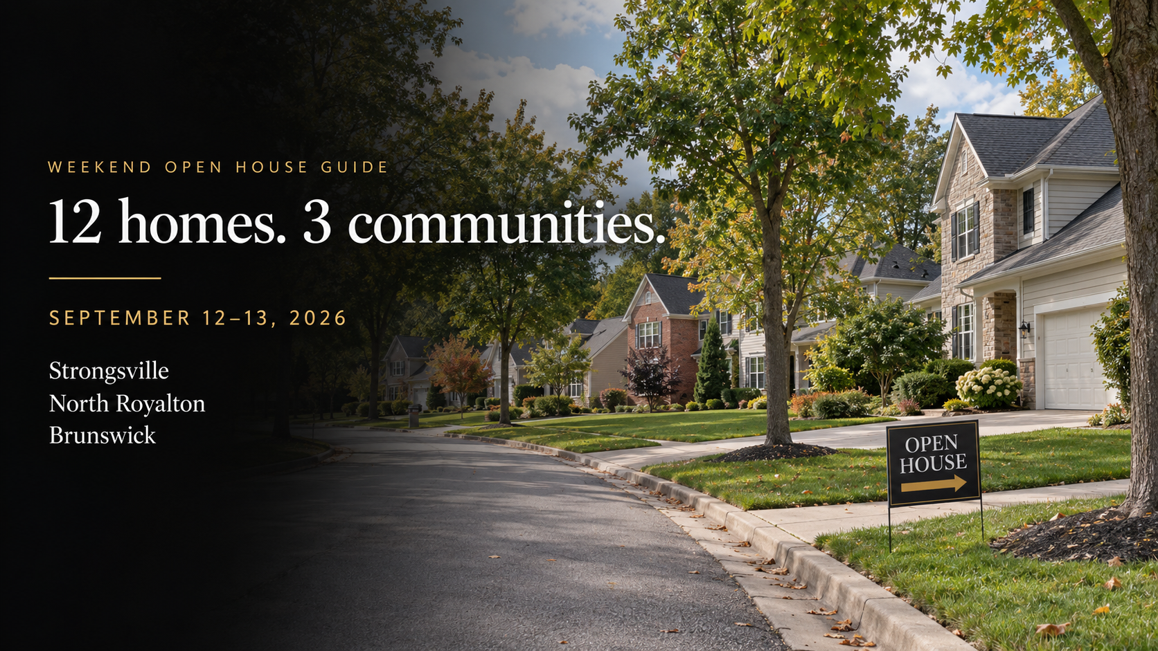 Acclaimed Realty flyer listing 12 open houses in Strongsville, North Royalton and Brunswick, Ohio, for September 12–13, 2026.