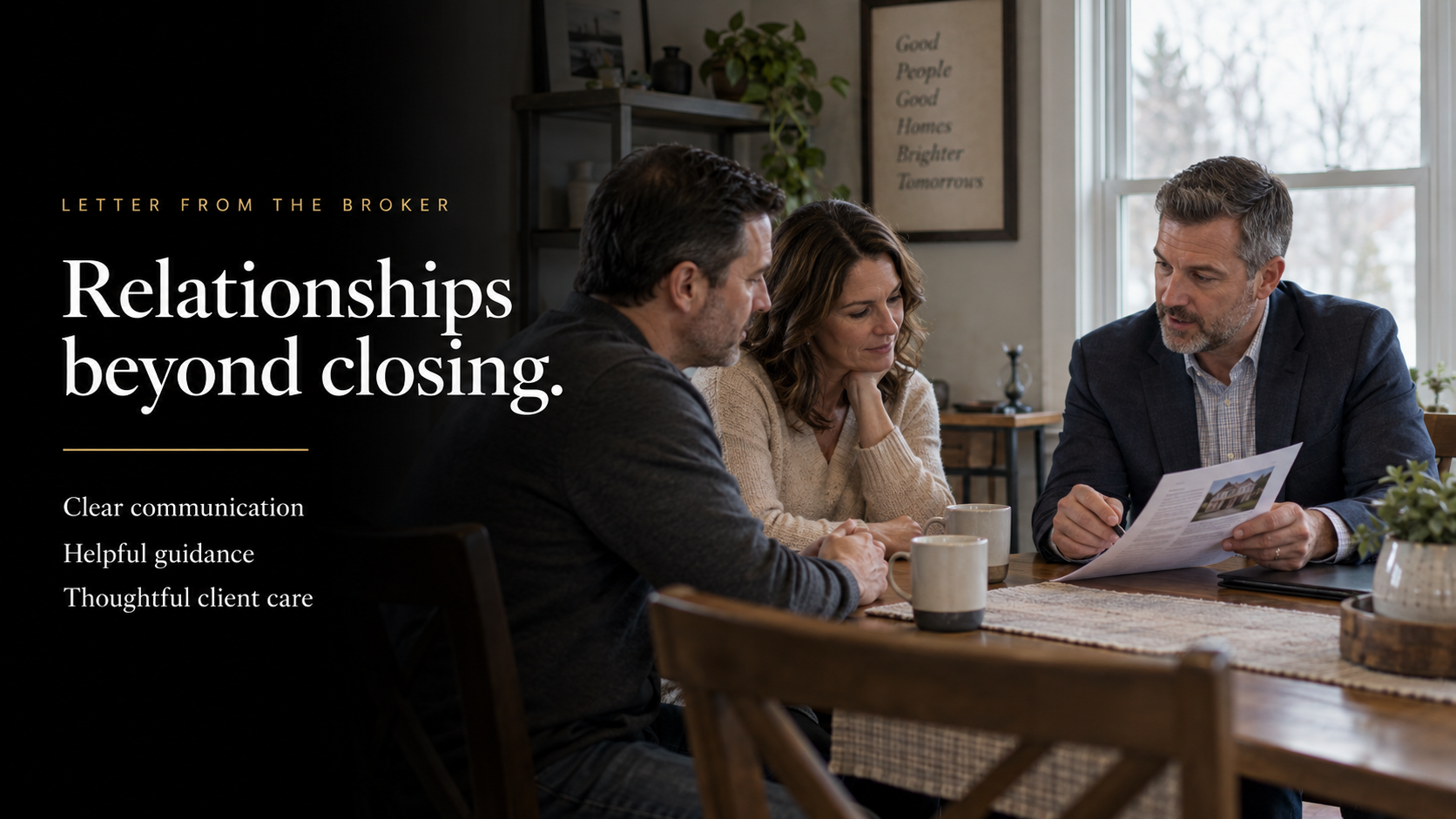 Acclaimed Realty’s Letter From the Broker by Nick Reyes about building lasting client relationships, beside a living room photo.