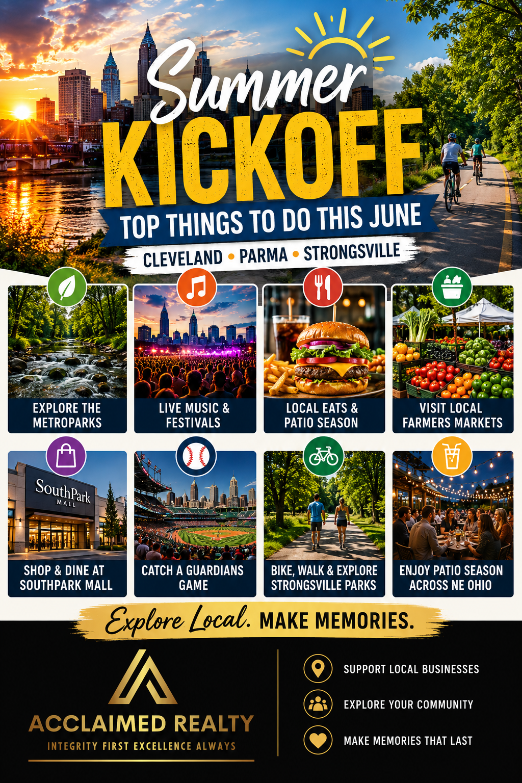 Summer promotional graphic highlighting top June activities in Cleveland, Parma, and Strongsville, including Metroparks, festivals, local dining, farmers markets, shopping, patio season, and Cleveland Guardians baseball.