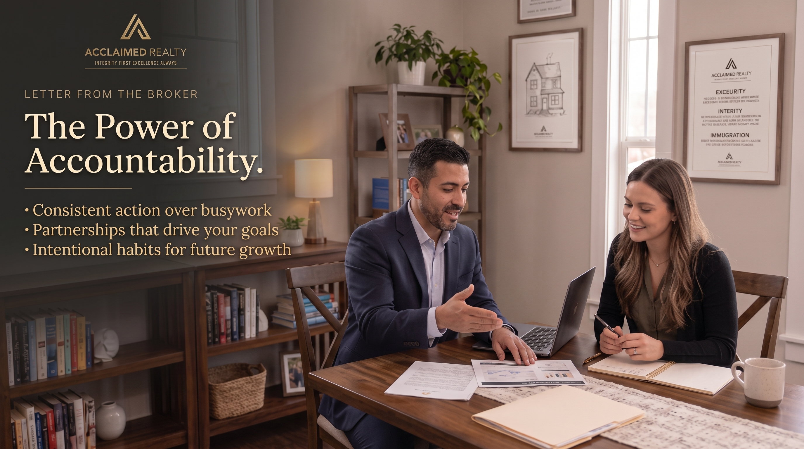 Letter From the Broker by Nick Reyes of Acclaimed Realty discussing accountability, goal setting, teamwork, and success in real estate.