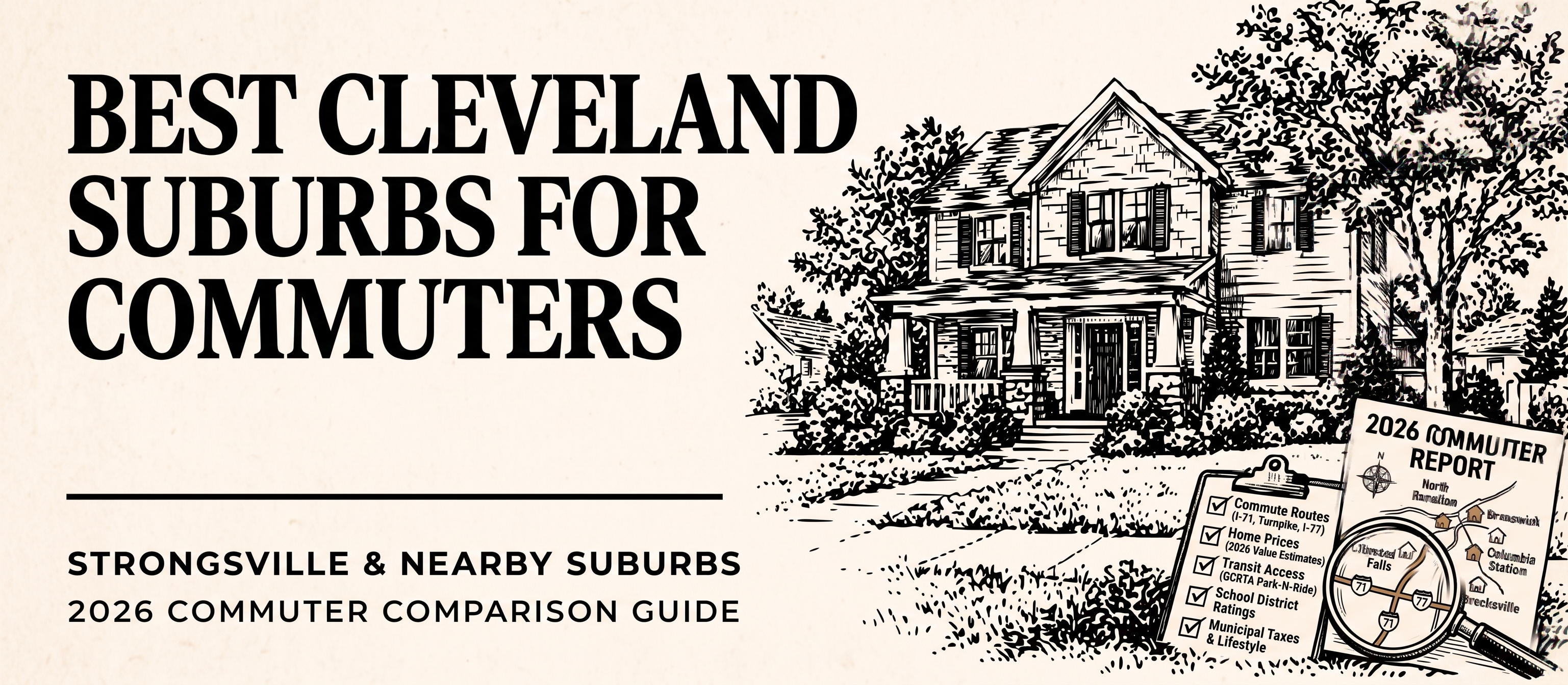 2026 Cleveland suburb commuter comparison chart showing home values and commute times for Strongsville and surrounding communities.