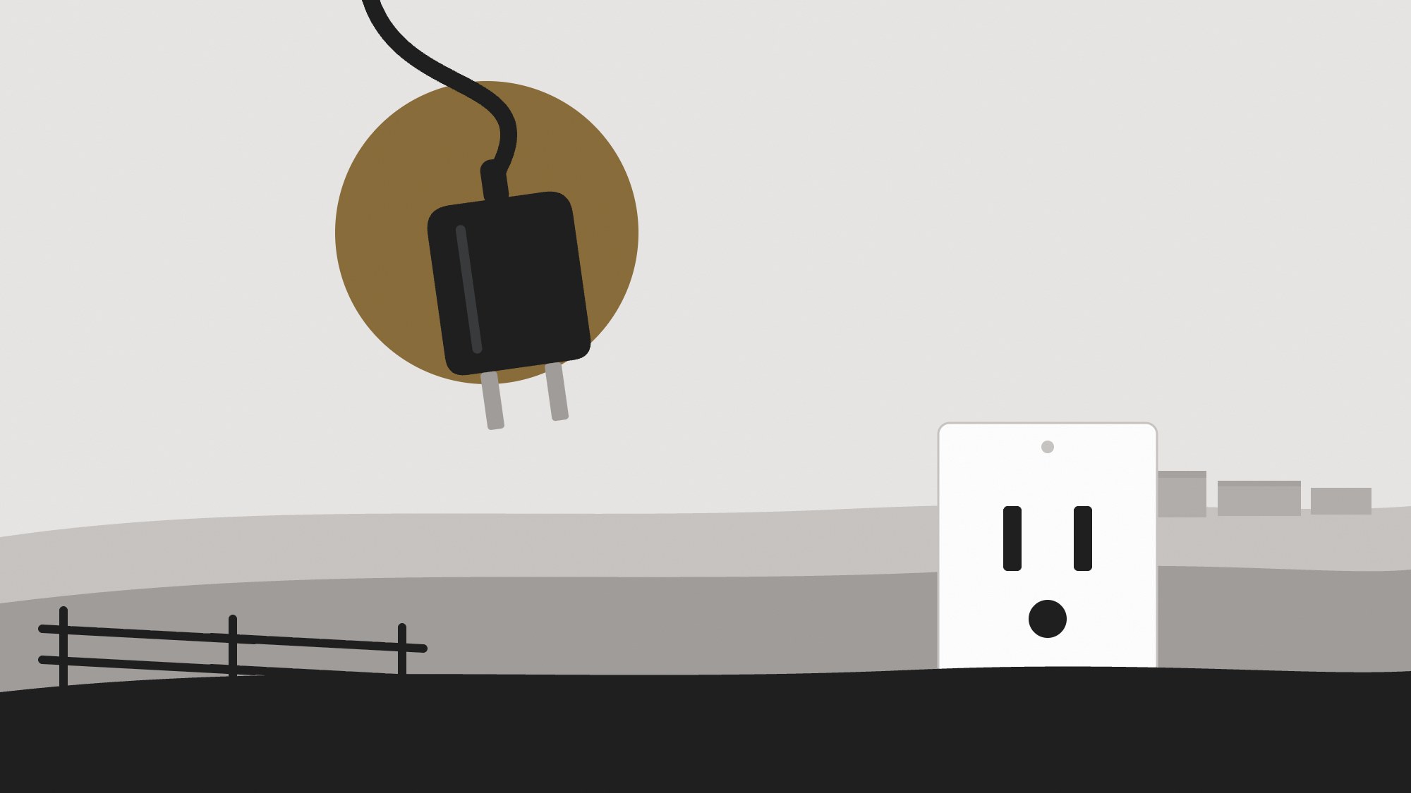 Illustration of an unplugged electrical cord dangling above an outlet embedded in a rural hillside, symbolizing the cancelled Prince William Digital Gateway data center project.
