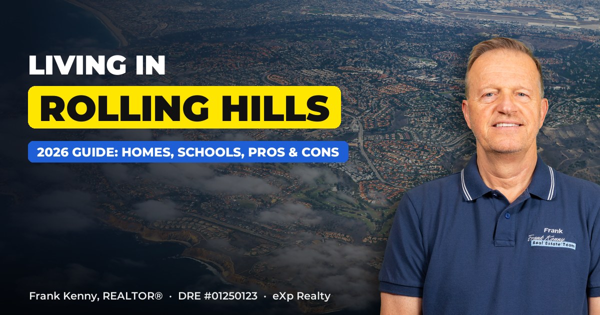 Living in Rolling Hills, CA guide by Frank Kenny, with an aerial view of the Palos Verdes Peninsula hills behind