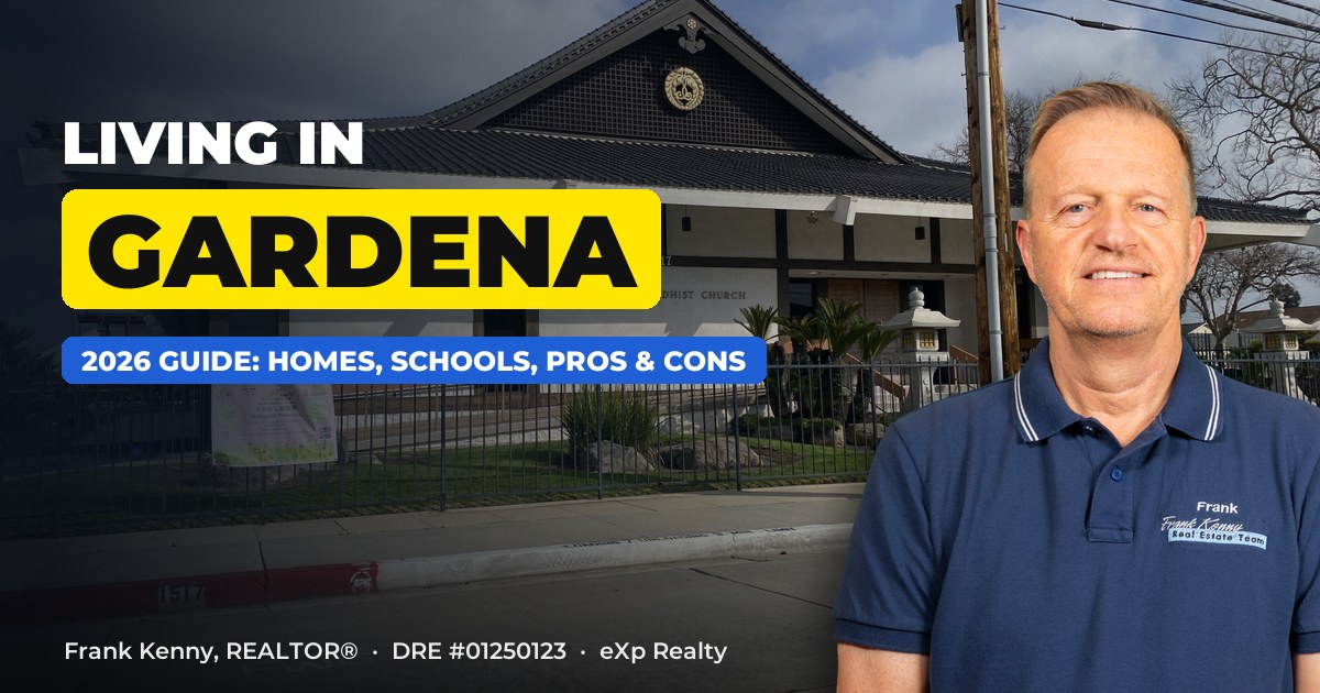 Living in Gardena, CA guide by Frank Kenny, with a Gardena street scene behind