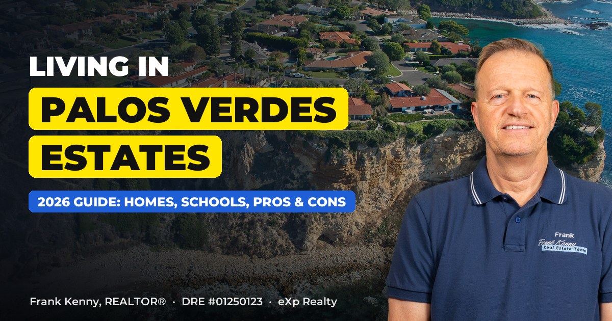Living in Palos Verdes Estates, CA guide by Frank Kenny, with the Lunada Bay coastline behind