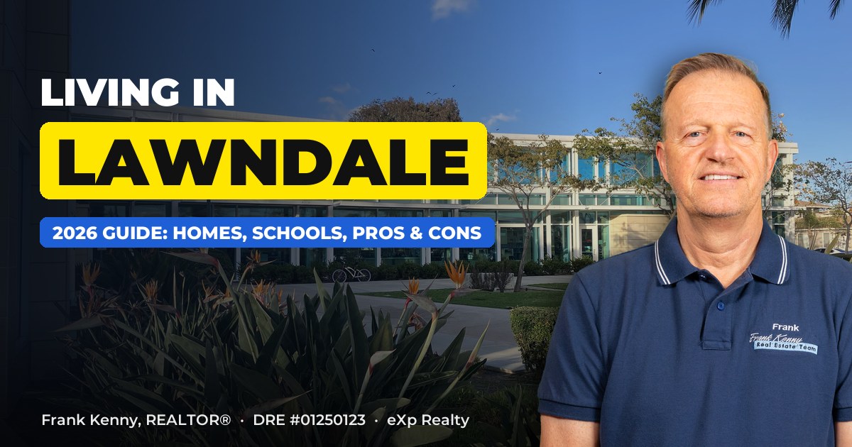 Living in Lawndale, CA guide by Frank Kenny, with the Lawndale Library behind