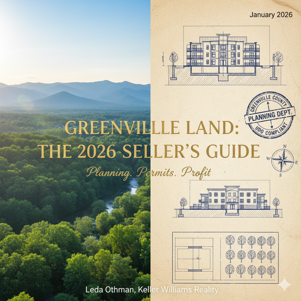 Leda Othman Keller Williams Realty 2026 Greenville County land selling guide featuring a mountain nature landscape and technical UDO planning sketches