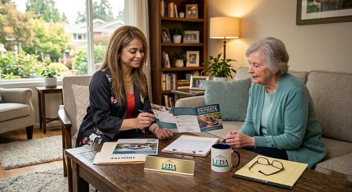 Realtor Leda Othman sitting with a senior client in a living room, reviewing probate real estate brochures and documents on a coffee table.
