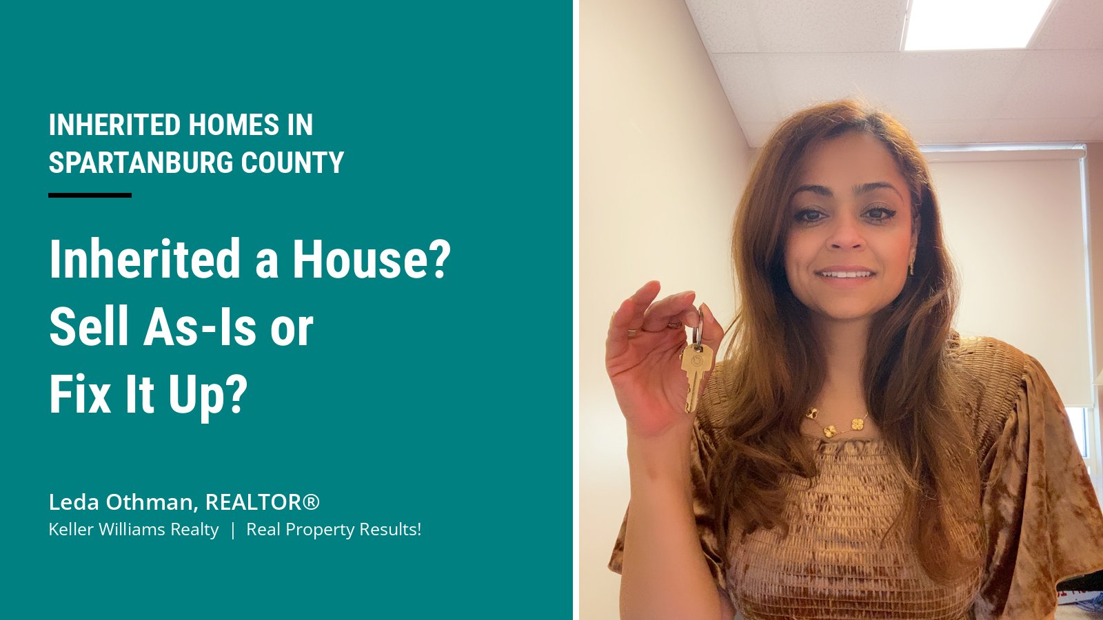 Leda Othman, Keller Williams REALTOR, holds a house key in her Spartanburg SC office for an inherited house as-is sale guide