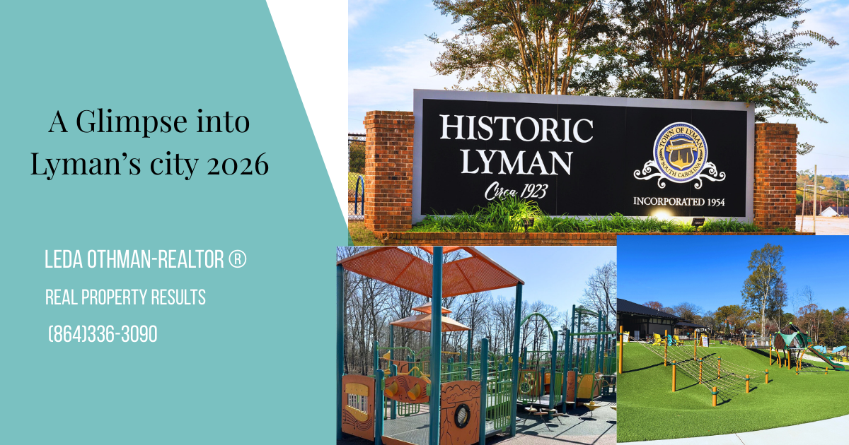 A 2026 Lyman, South Carolina real estate guide featuring local landmarks and contact info for Realtor Leda Othman.