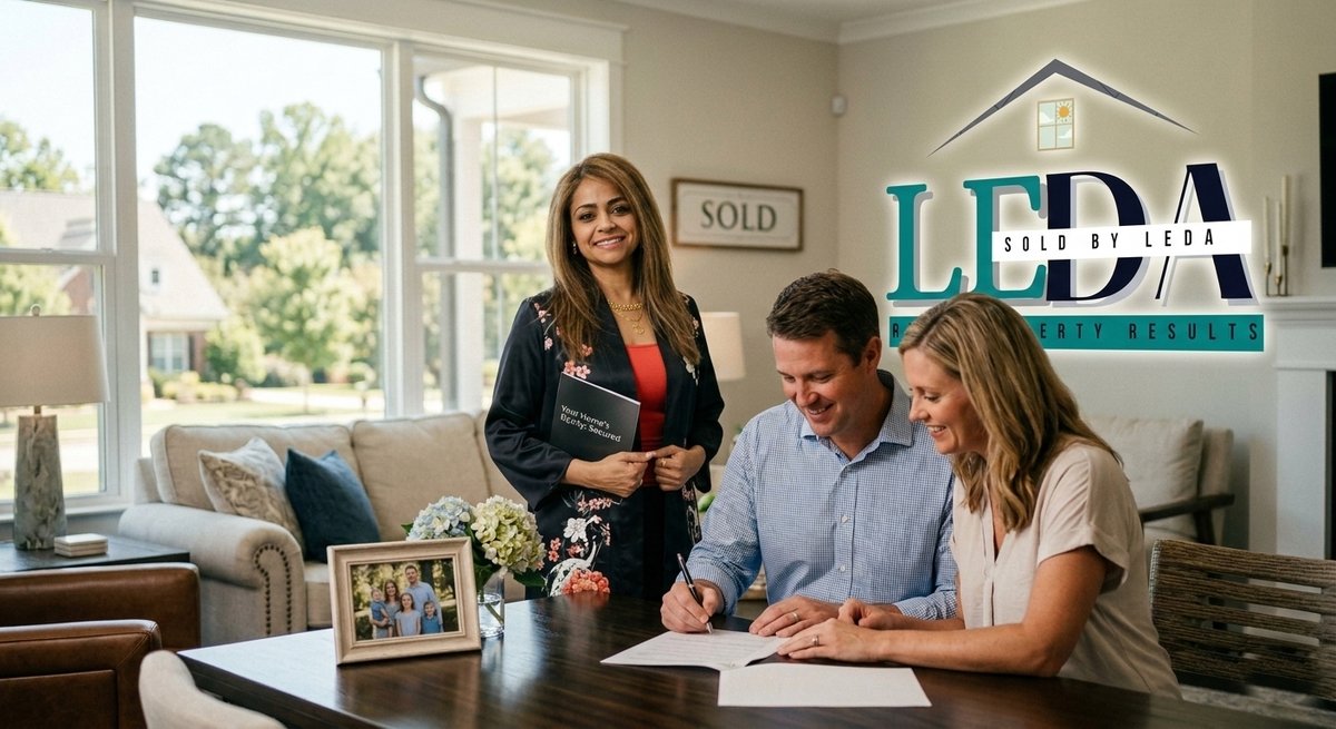 Realtor Leda Othman of Keller Williams Spartanburg reviewing a home sale contract with clients in a modern Spartanburg living room.