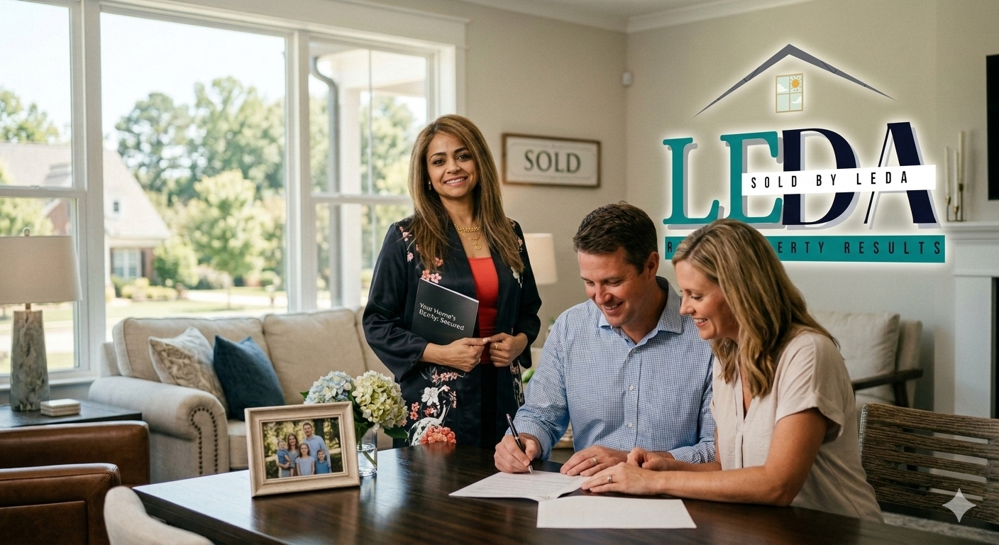 Realtor Leda Othman of Keller Williams Spartanburg reviewing a home sale contract with clients in a modern Spartanburg living room.