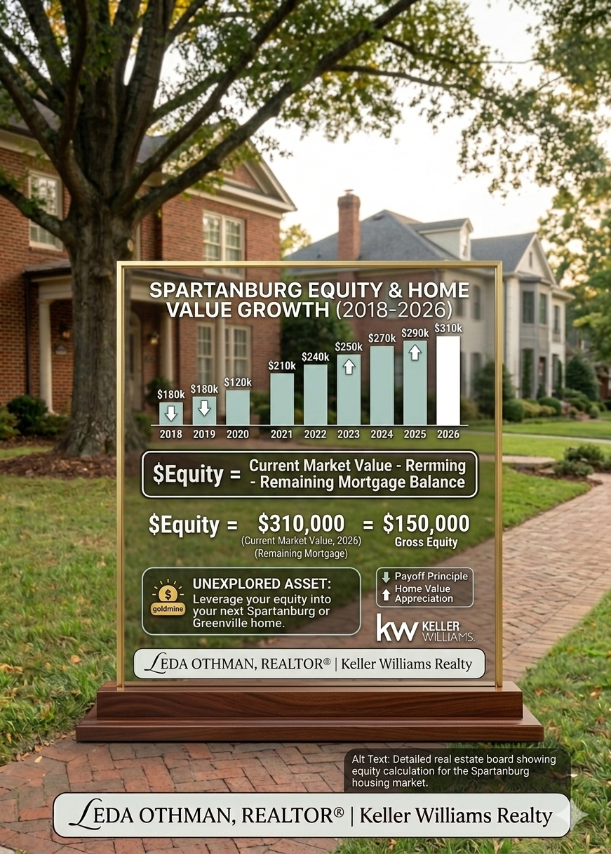 Graph explaining how to calculate home equity in Spartanburg, SC, showing current market value minus remaining mortgage, provided by Realtor Leda Othman.
