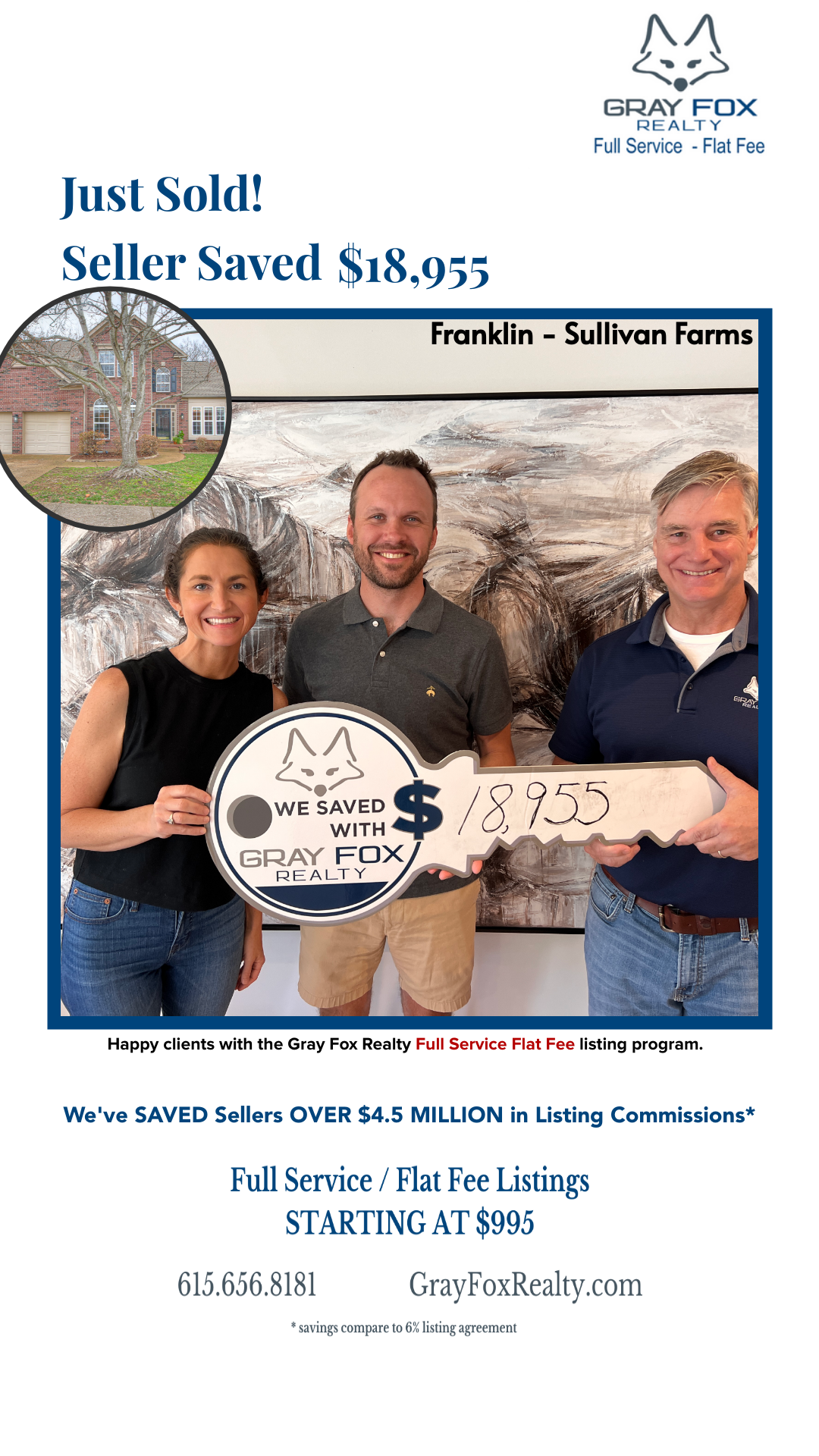 Sullivan Farms homeowners save $18,955 selling with Gray Fox Realty header image.