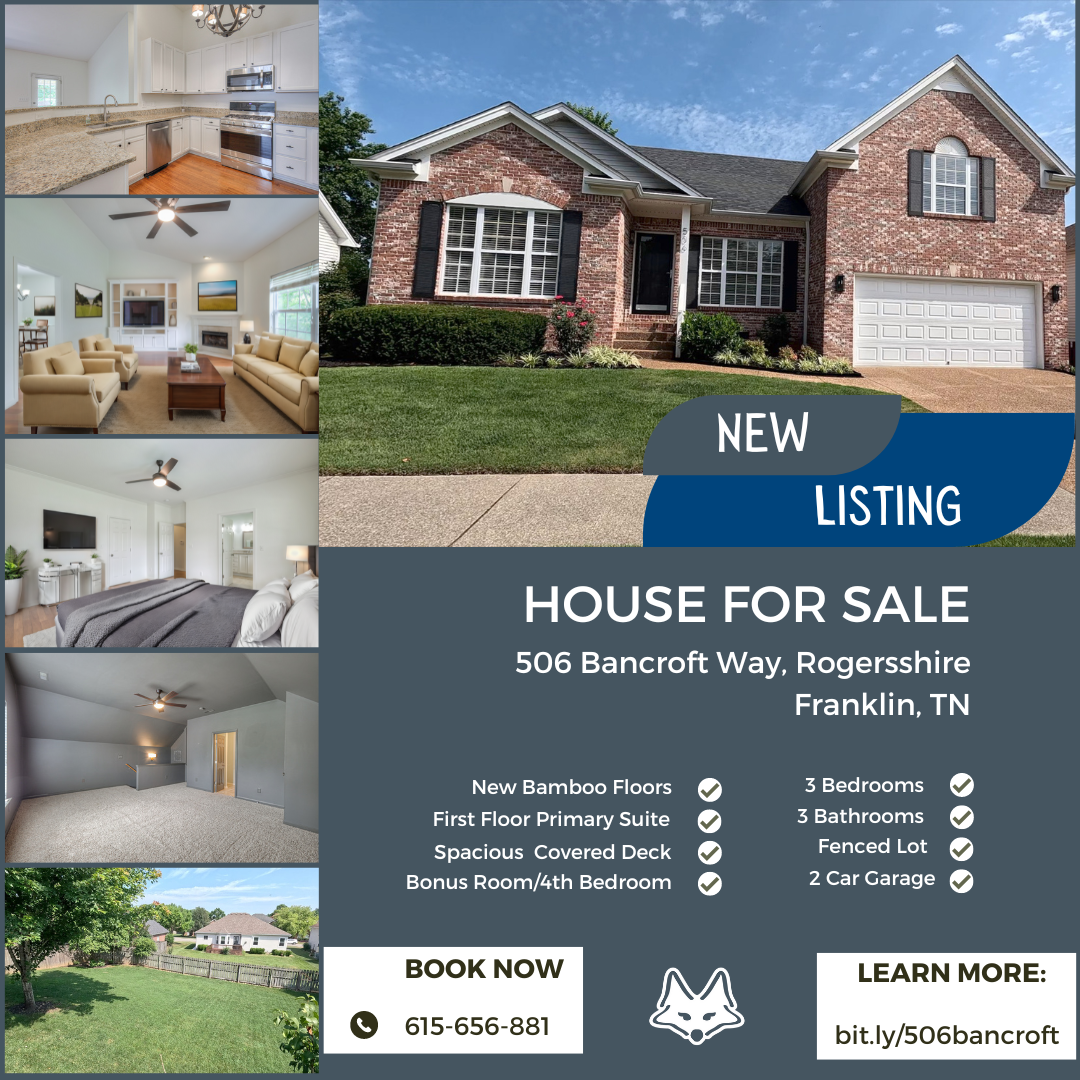 Gray Fox Realty Presents: Stunning Home in Rogersshire Development, Franklin, TN header image.