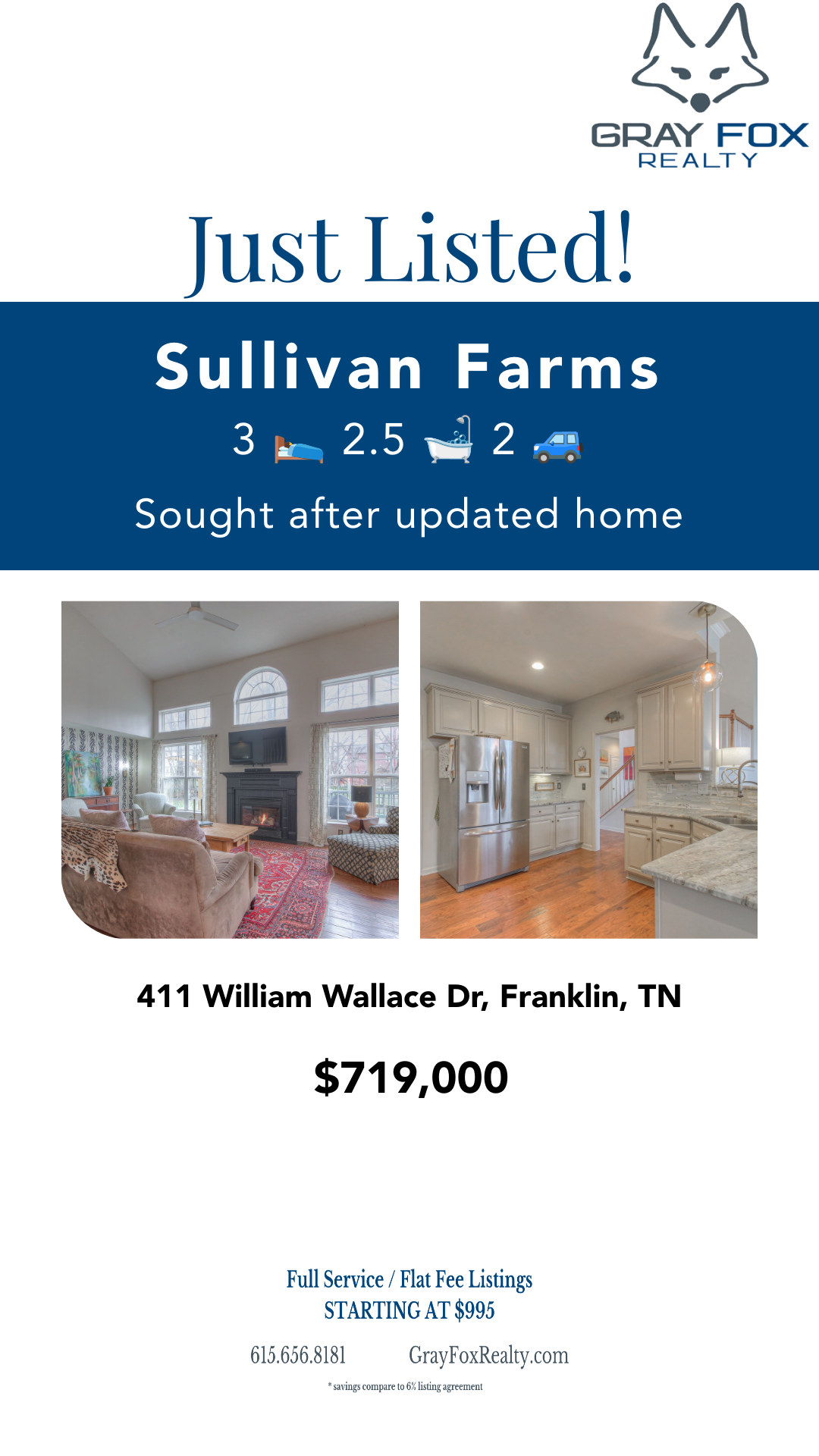Just listed in Sullivan Farms/Franklin this 3 bed 2.5 bath 2 car garage on a cul de sac header image.