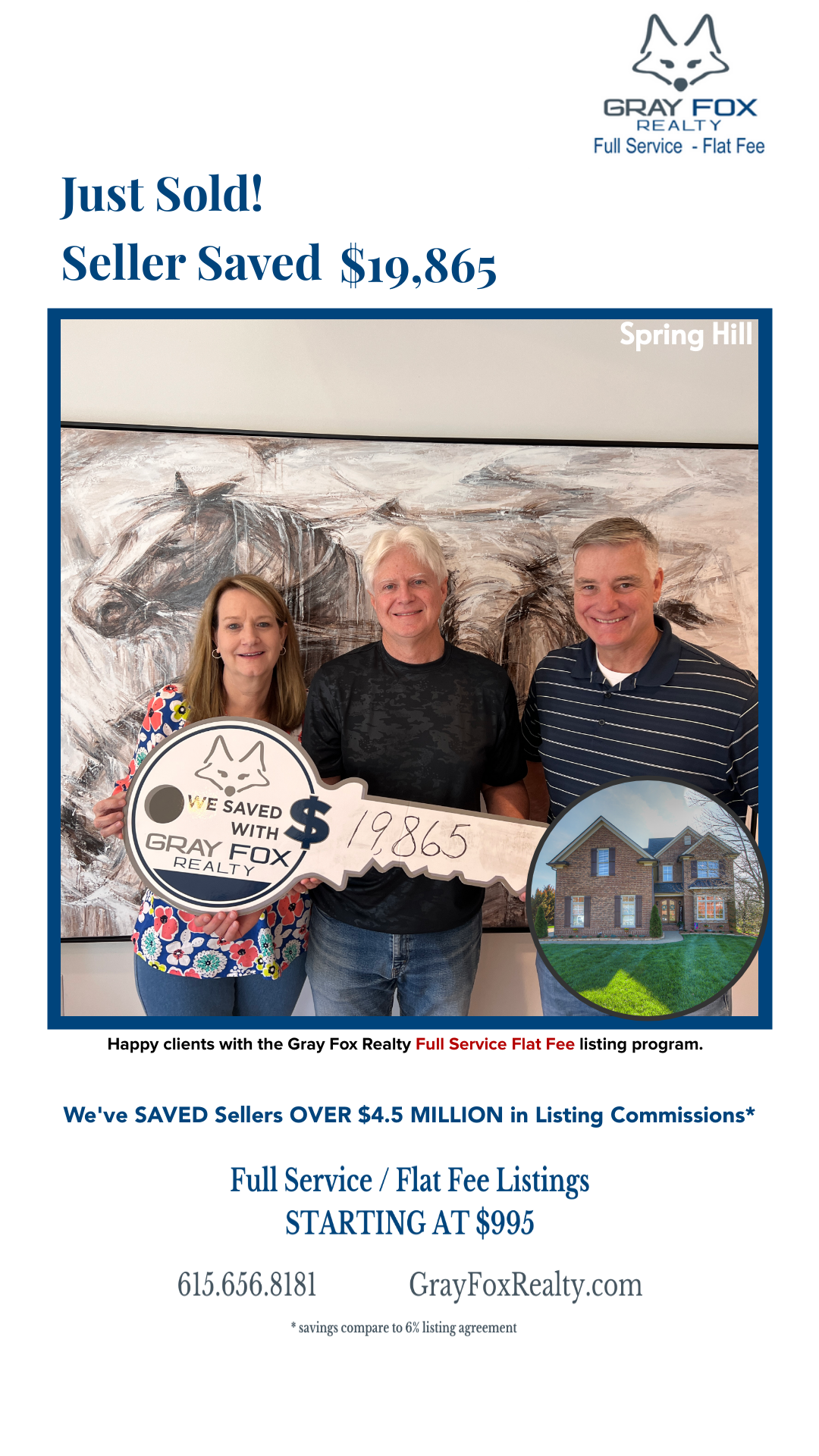 Spring Hill sellers in Benevento save $19,865 in real estate commission with sale of their home header image.