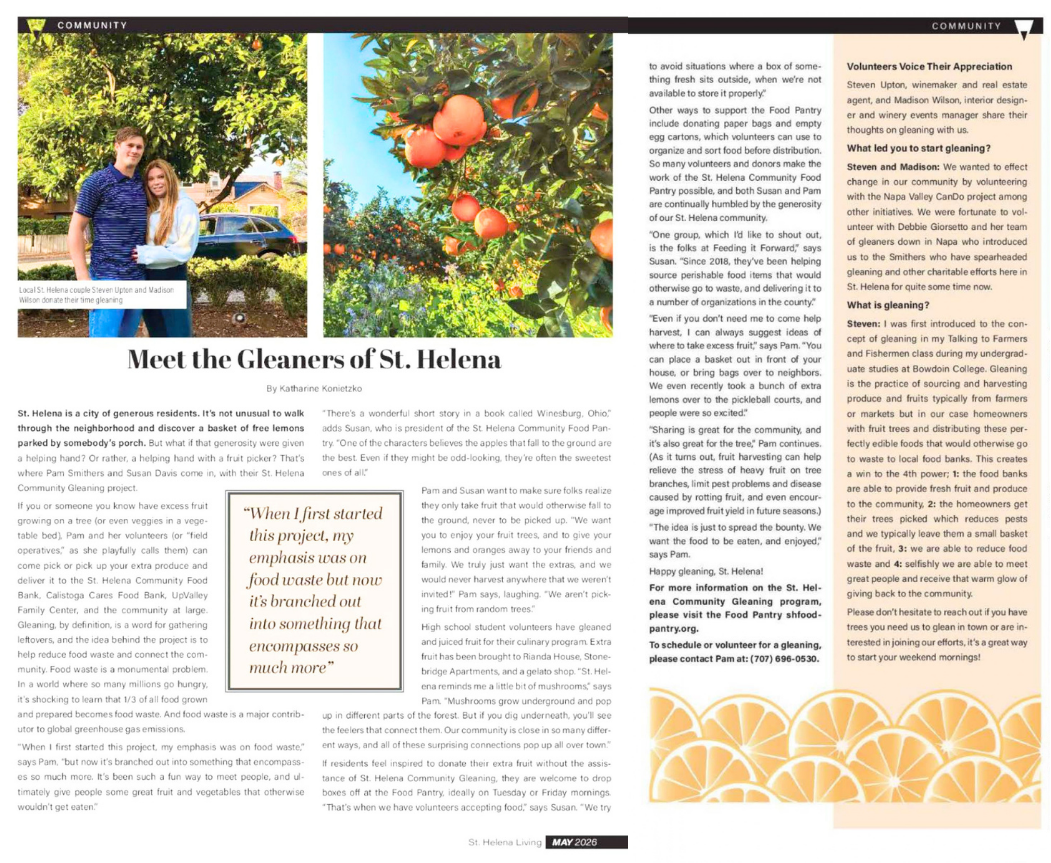 Steven Upton and Madison Wilson volunteering with the St. Helena Community Gleaning Project beneath a fruit tree in St. Helena, California.