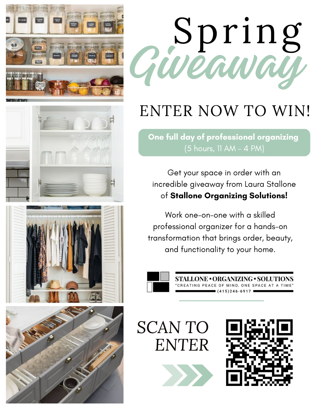 Spring giveaway flyer for a free professional home organizing session with Stallone Organizing Solutions, including QR code to enter and details about a 5-hour organizing service.