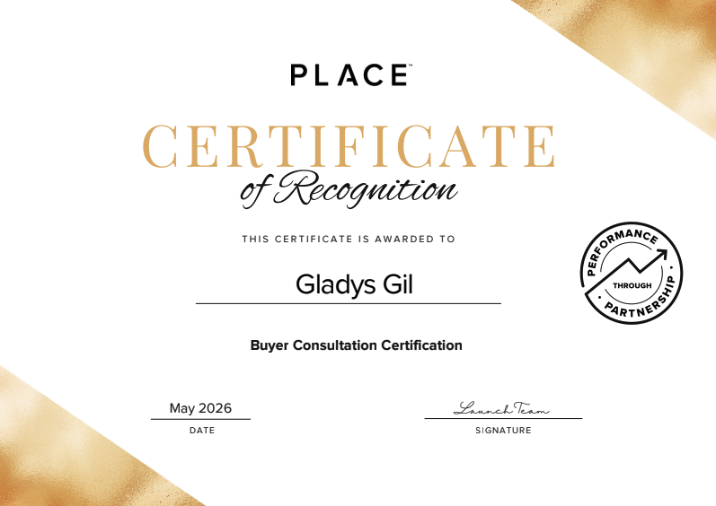 Gladys Gil receiving recognition for completing the PLACE Buyer Consultation Certification in May 2026.