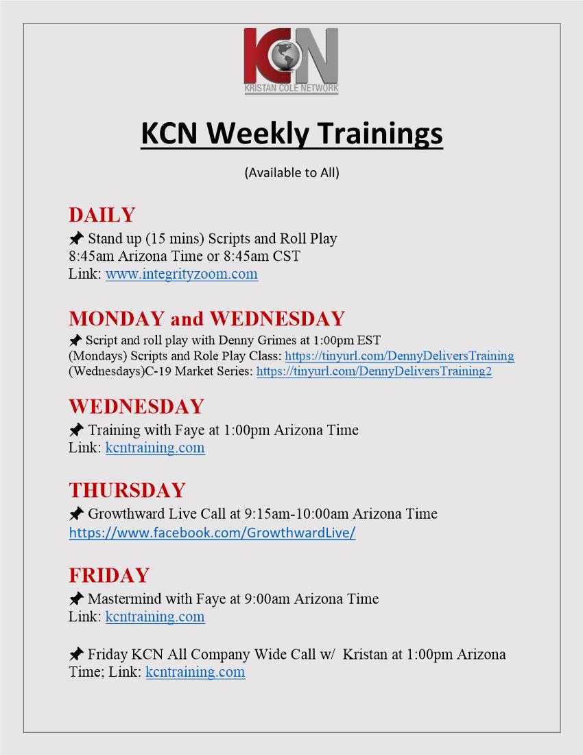 KCN Weekly Trainings header image.